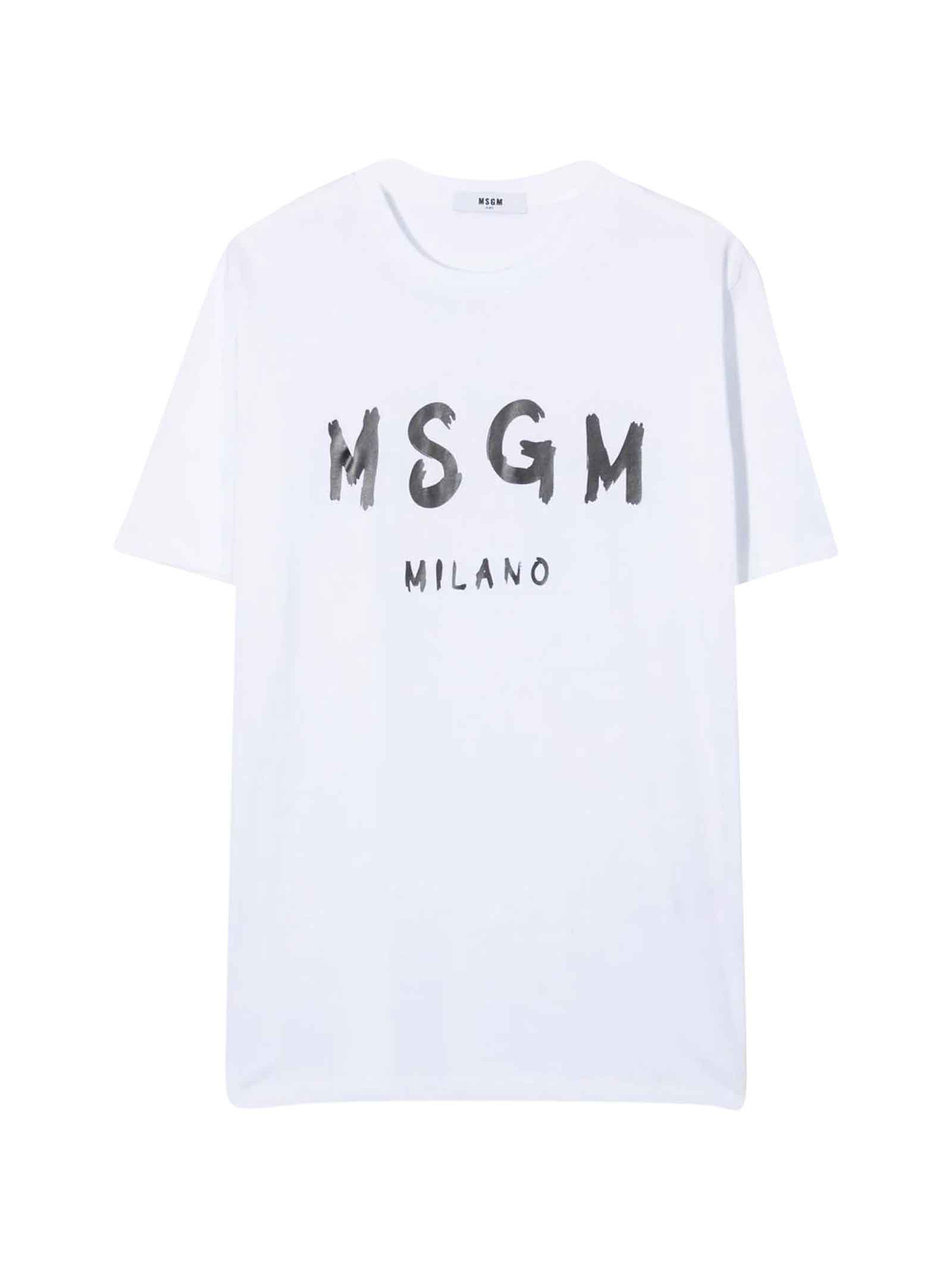Msgm Kids' White Unisex T-shirt With Logo On The Front, Round Neckline, Short Sleeves And Straight Hem By . In Bianca