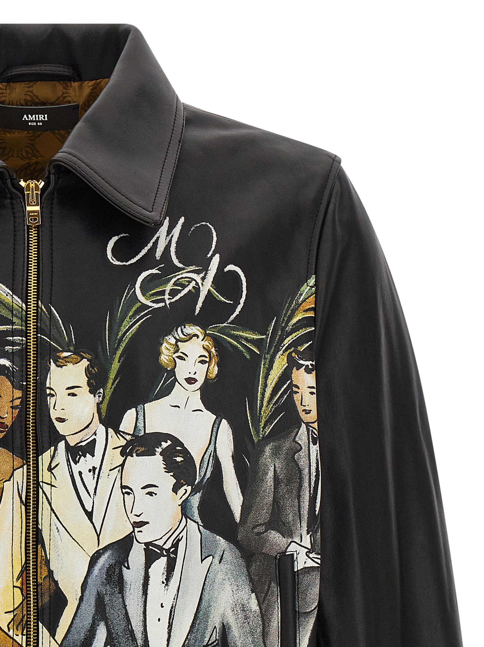 Amiri Graphic Print Leather Jacket With Collared Neck In Multi