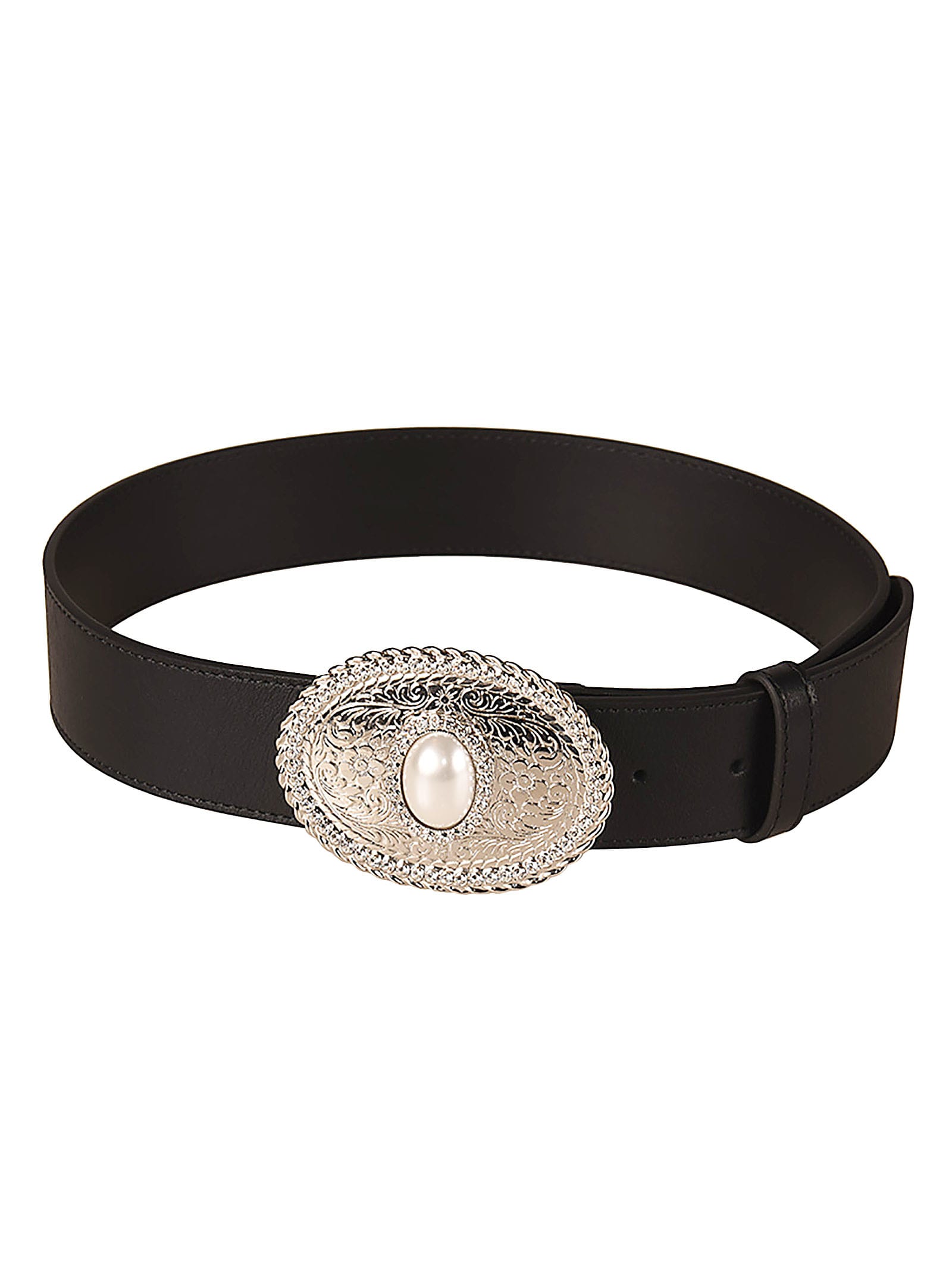 Alessandra Rich Oval Buckle Pearl Detail Leather Belt In Black/silver