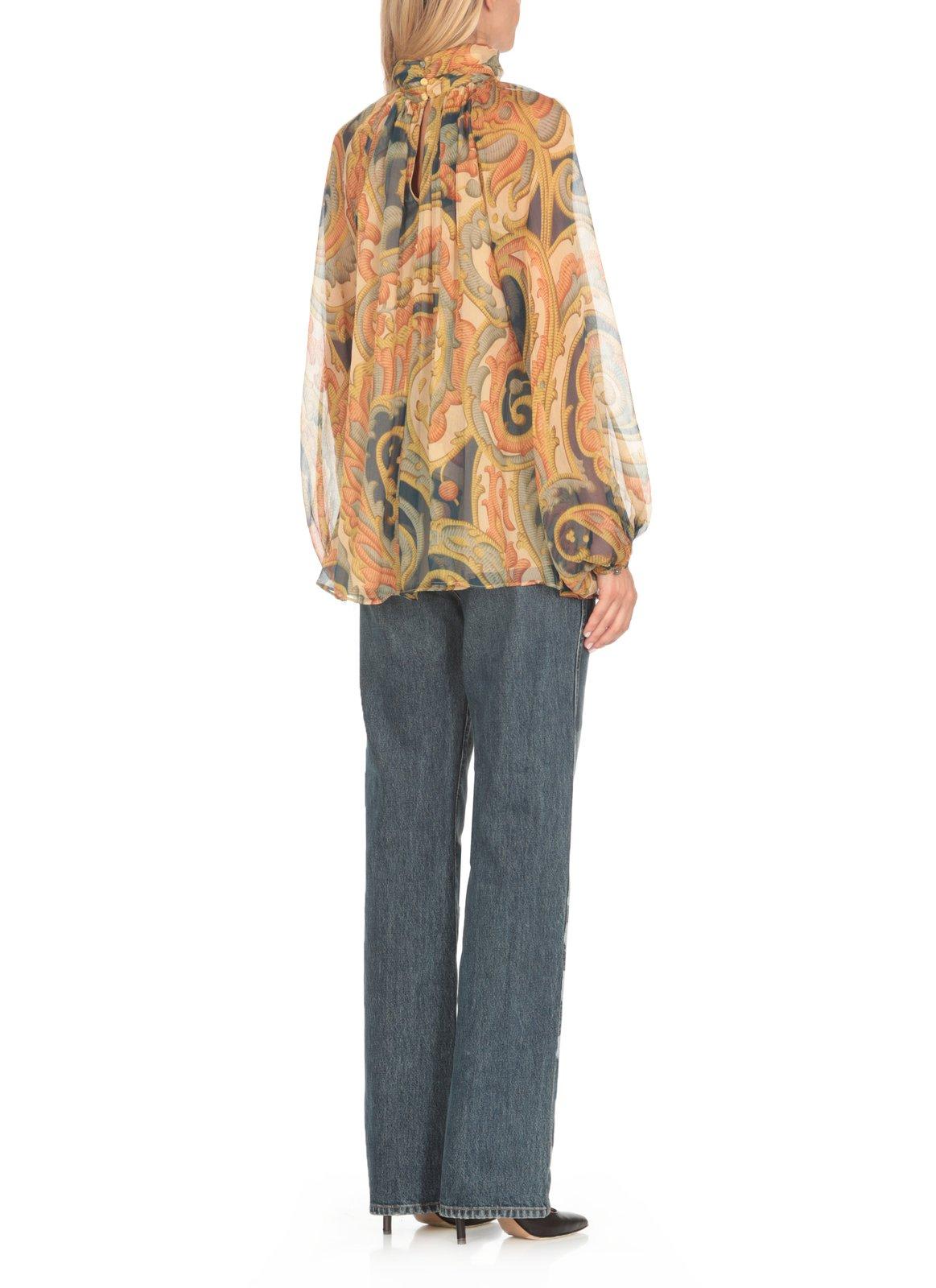 Shop Etro Floral Printed Pleated Turtleneck Top