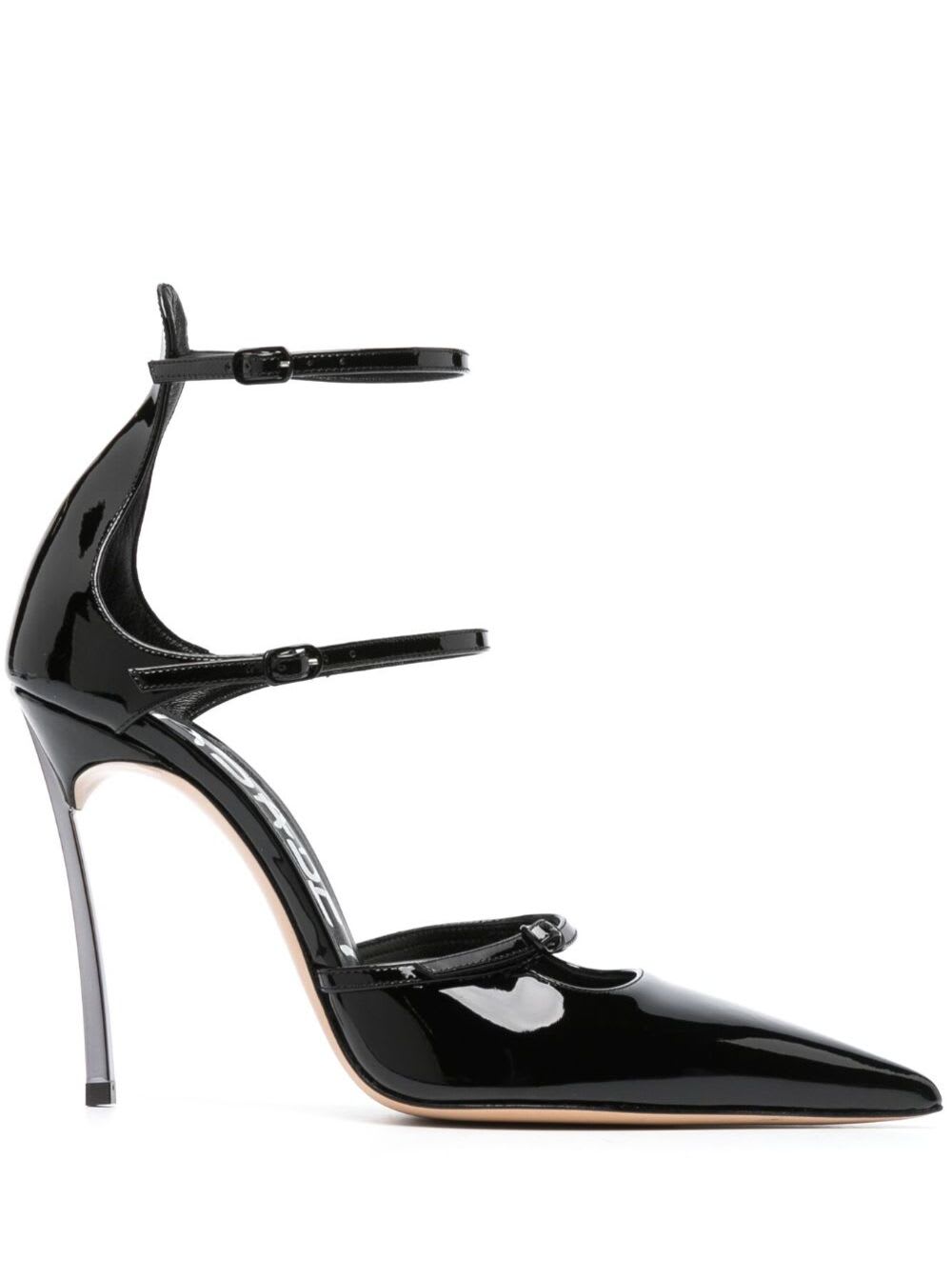 CASADEI RACHEL BLACK POINTED PUMPS WITH STRAPS IN PATENT LEATHER WOMAN