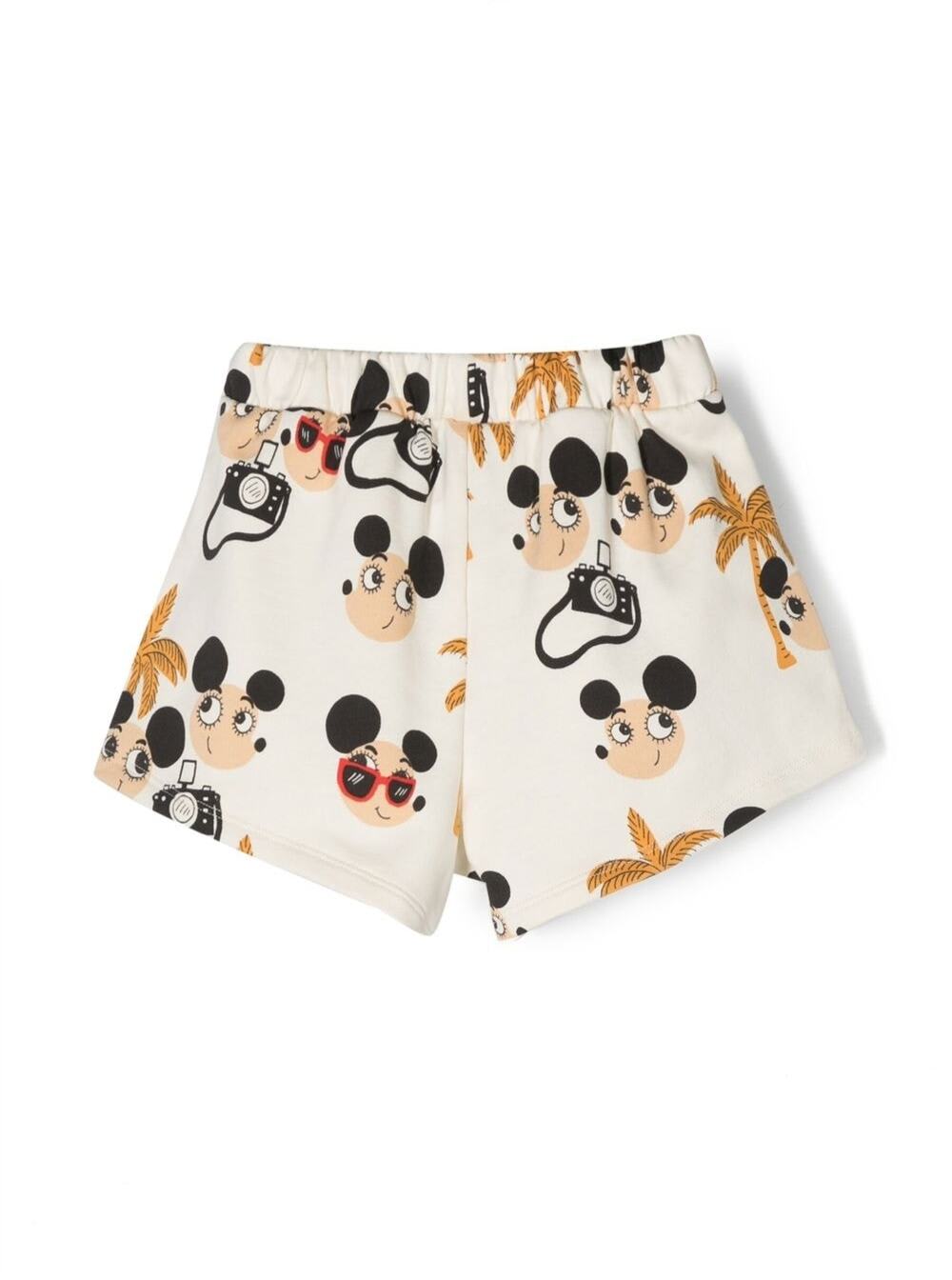 Shop Mini Rodini White Drawstring Shorts With All-over Mice And Palms Print In Cotton Girl