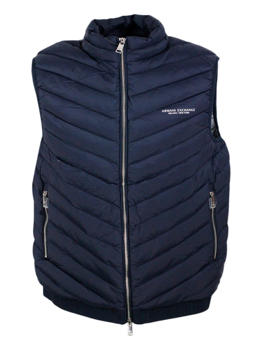 Armani Collezioni Sleeveless Vest In Light Down Jacket With Logoed And Elasticated Bottom And Zip Closure In Blu