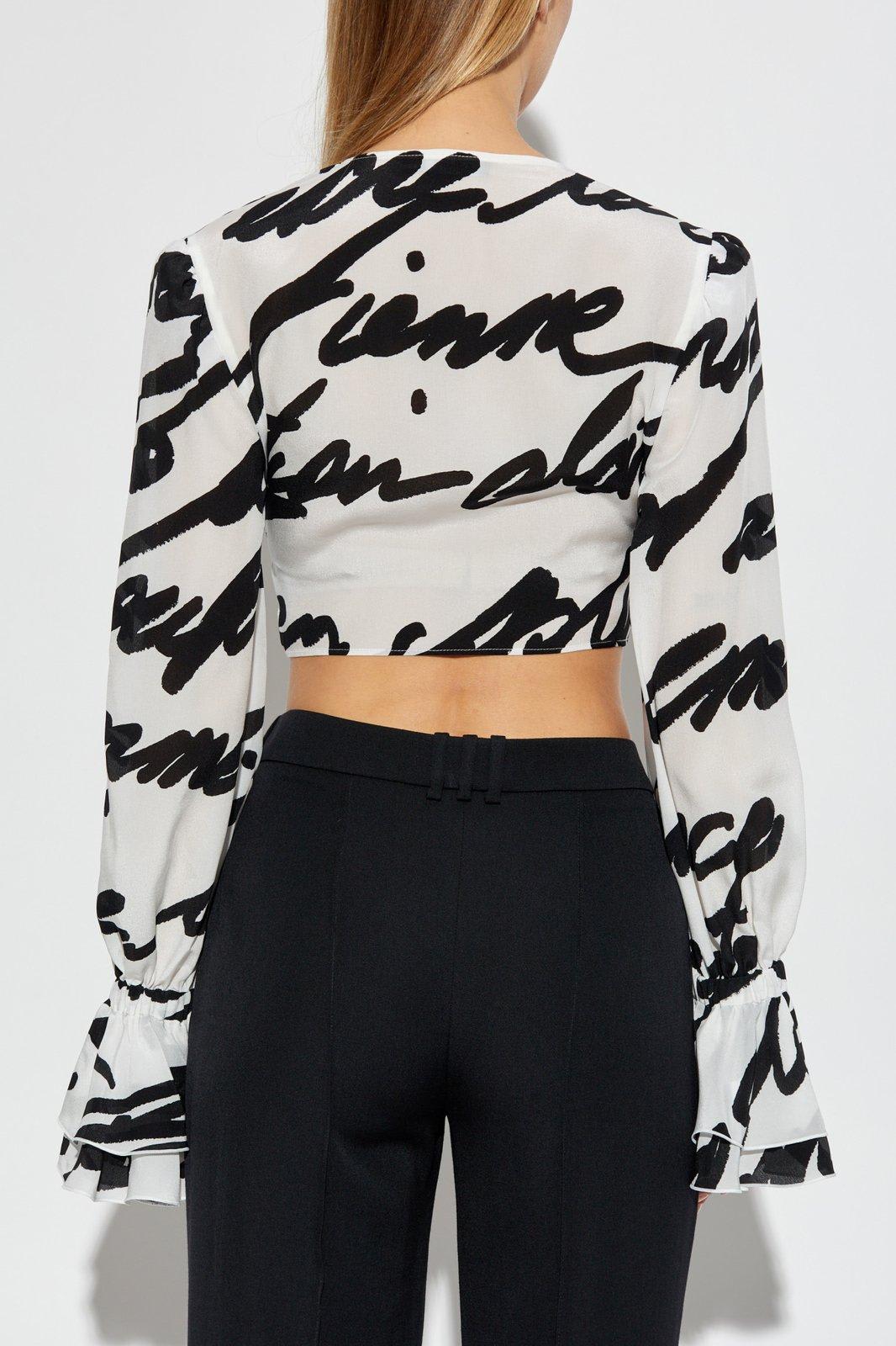 Balmain Love Letter Print Silk Cropped Top In White
