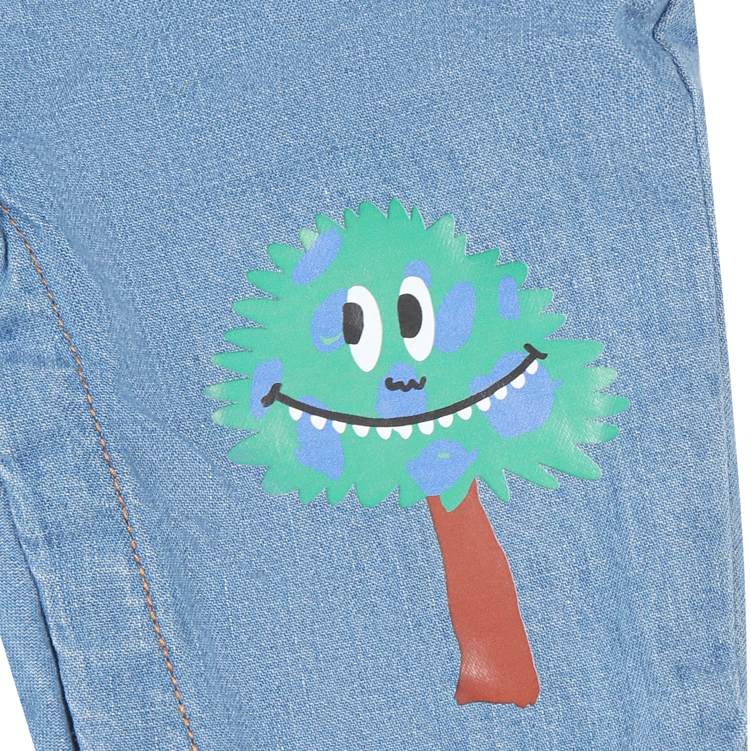 Shop Stella Mccartney Blue Dungarees For Baby Boy With Trees Print In Denim