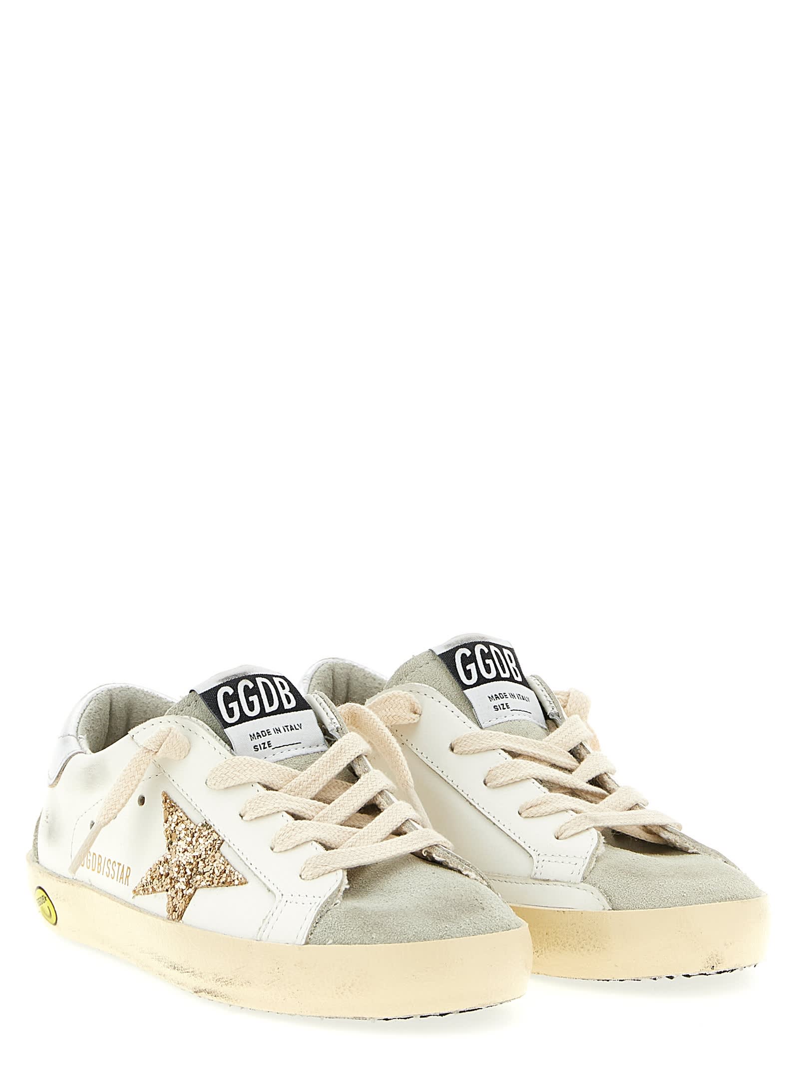 Golden Goose Kids Leather Sneakers With Glitter Star In White