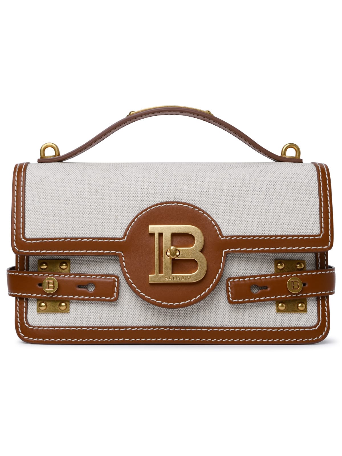 Shop Balmain B-buzz 24 Brown Leather And Fabric Bag