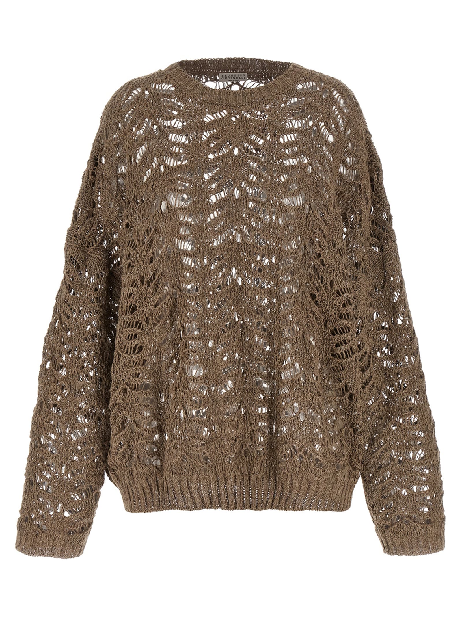 Brunello Cucinelli Dazzling Brown Round Neck Sweater With Open Stitch And Beaded Decorations In Linen Blend Woman In Brown