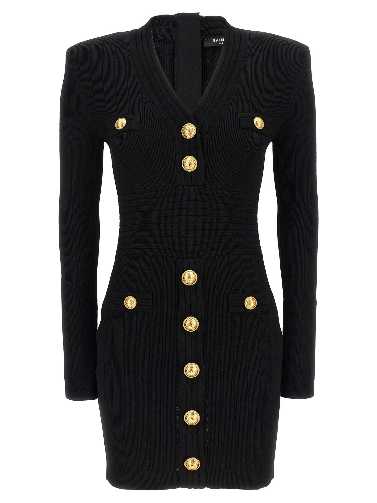 Shop Balmain Logo Button Ribbed Dress In Black