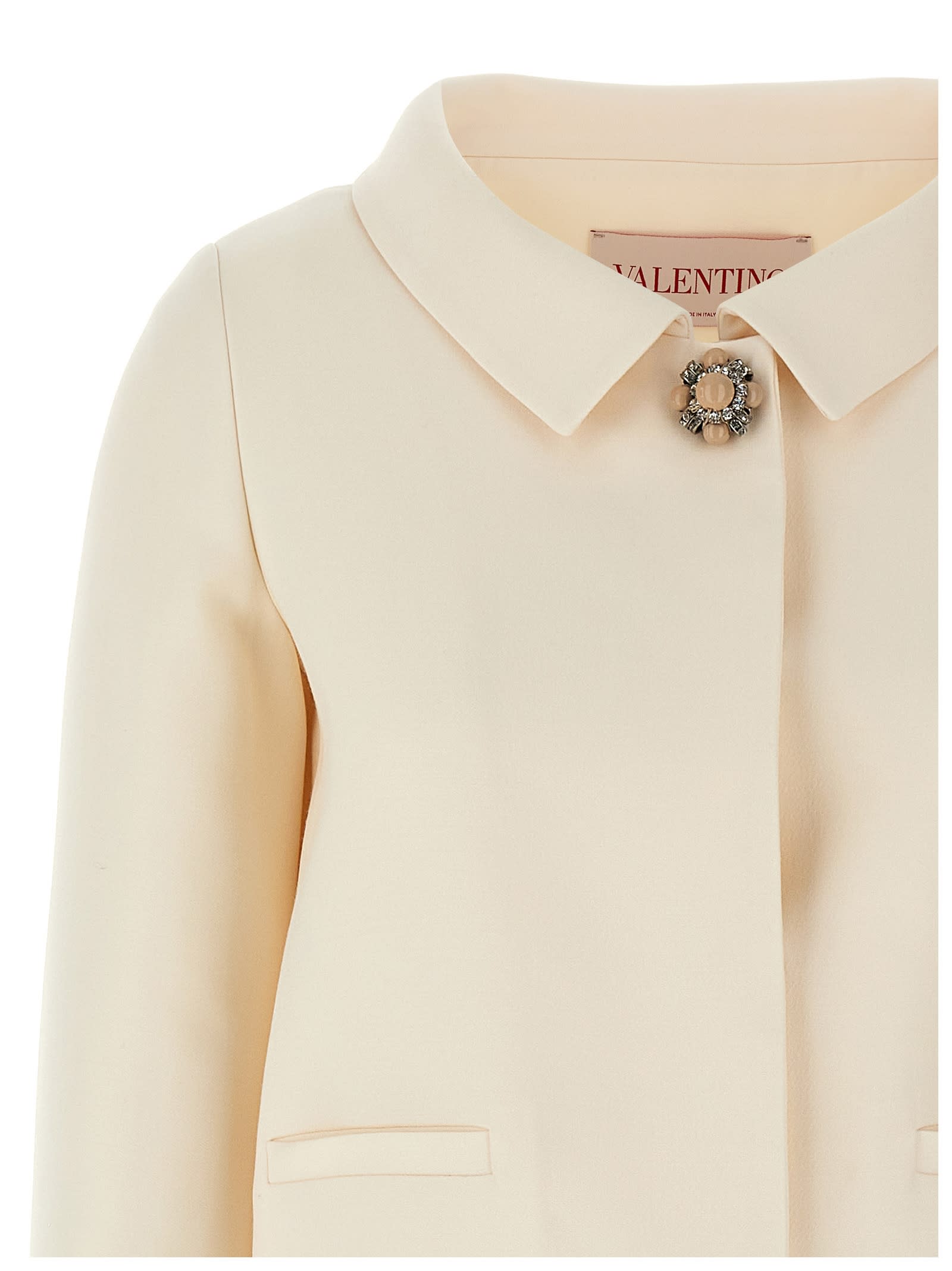 Valentino Crepe Jacket With Collared Neck And Decorative Brooch In Neutral