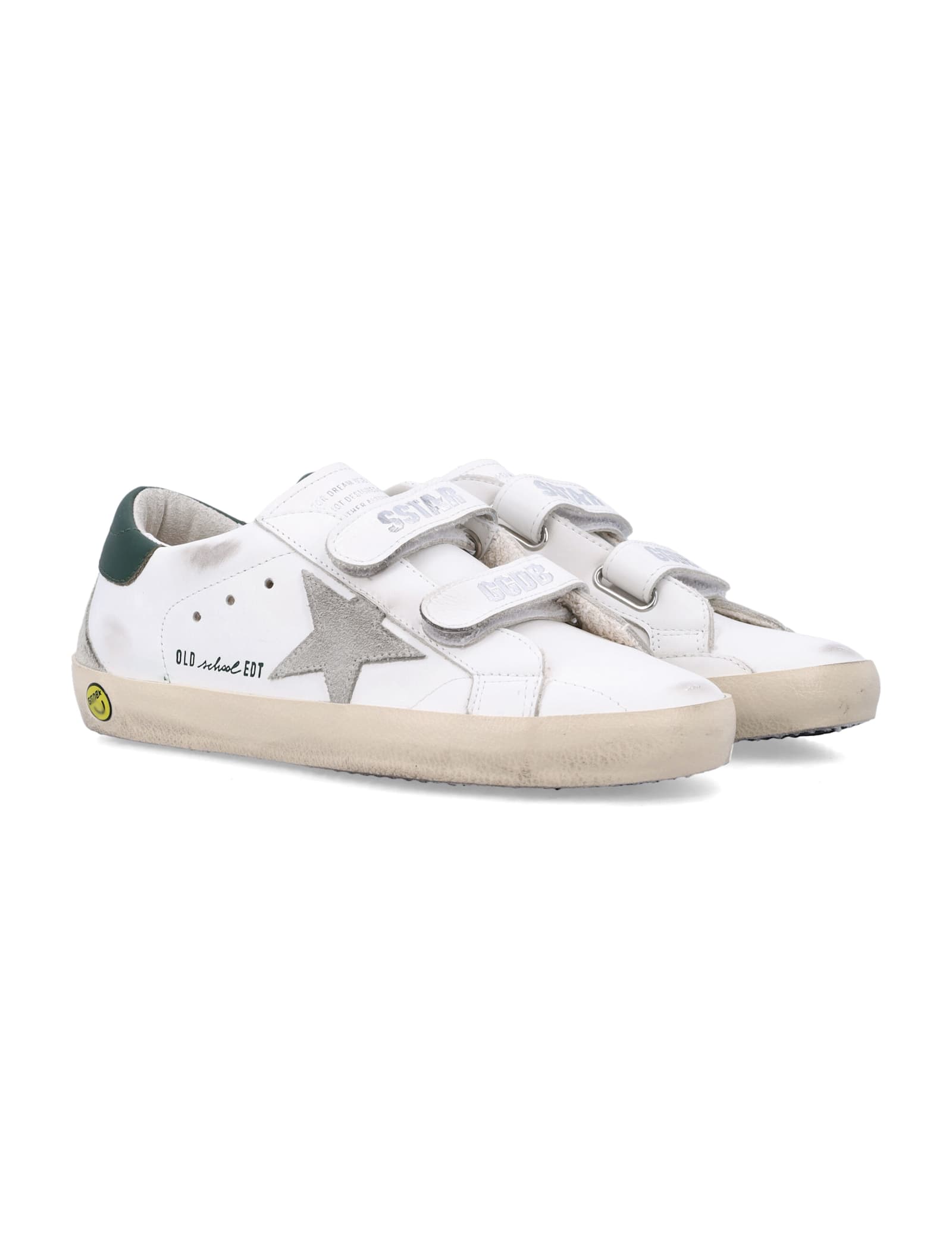 Golden Goose Kids Old School White Leather And Dark-green Sneakers In White