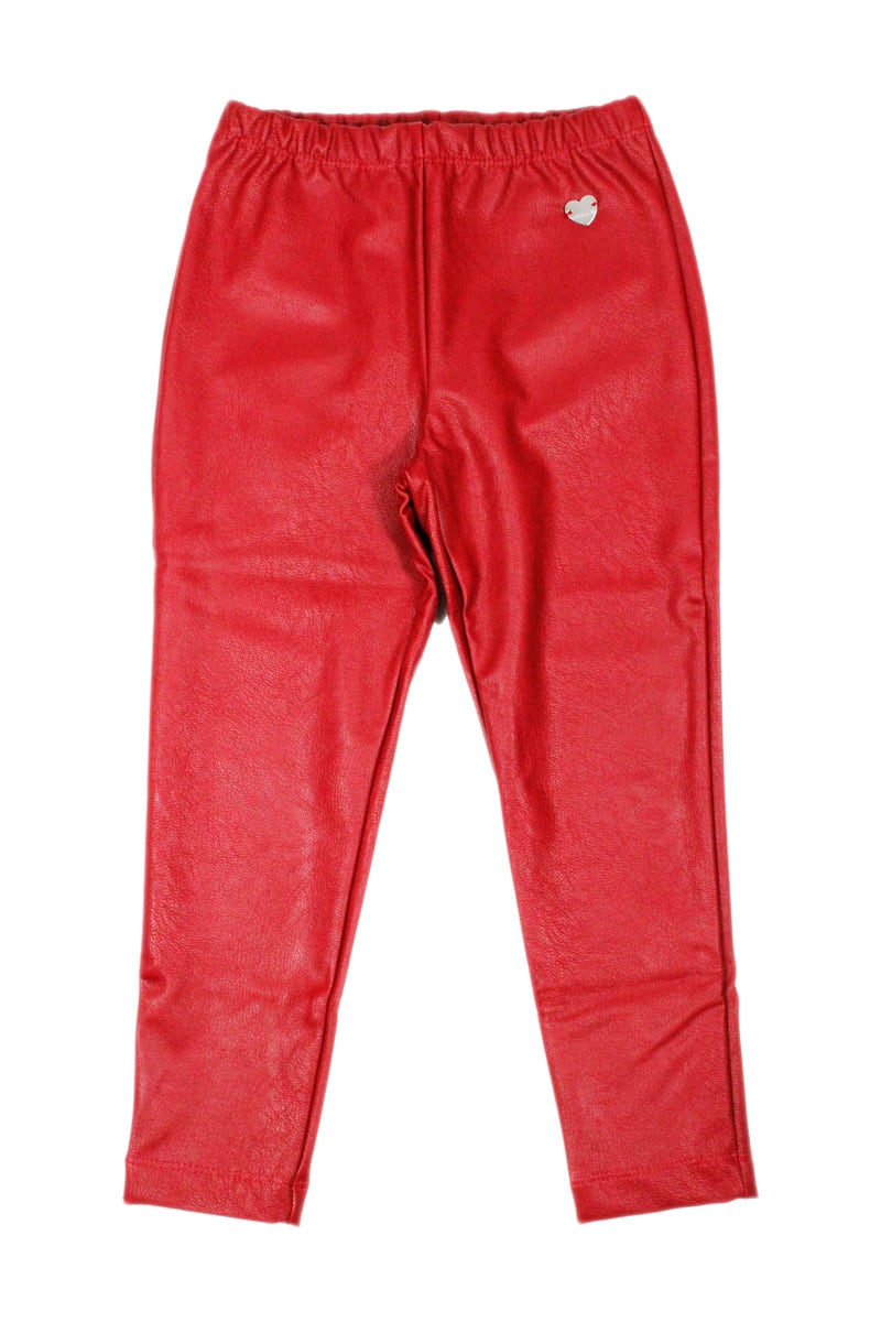 Monnalisa Leggings Trousers In Super Stretch Eco-leather With Applied Metal Heart In Red