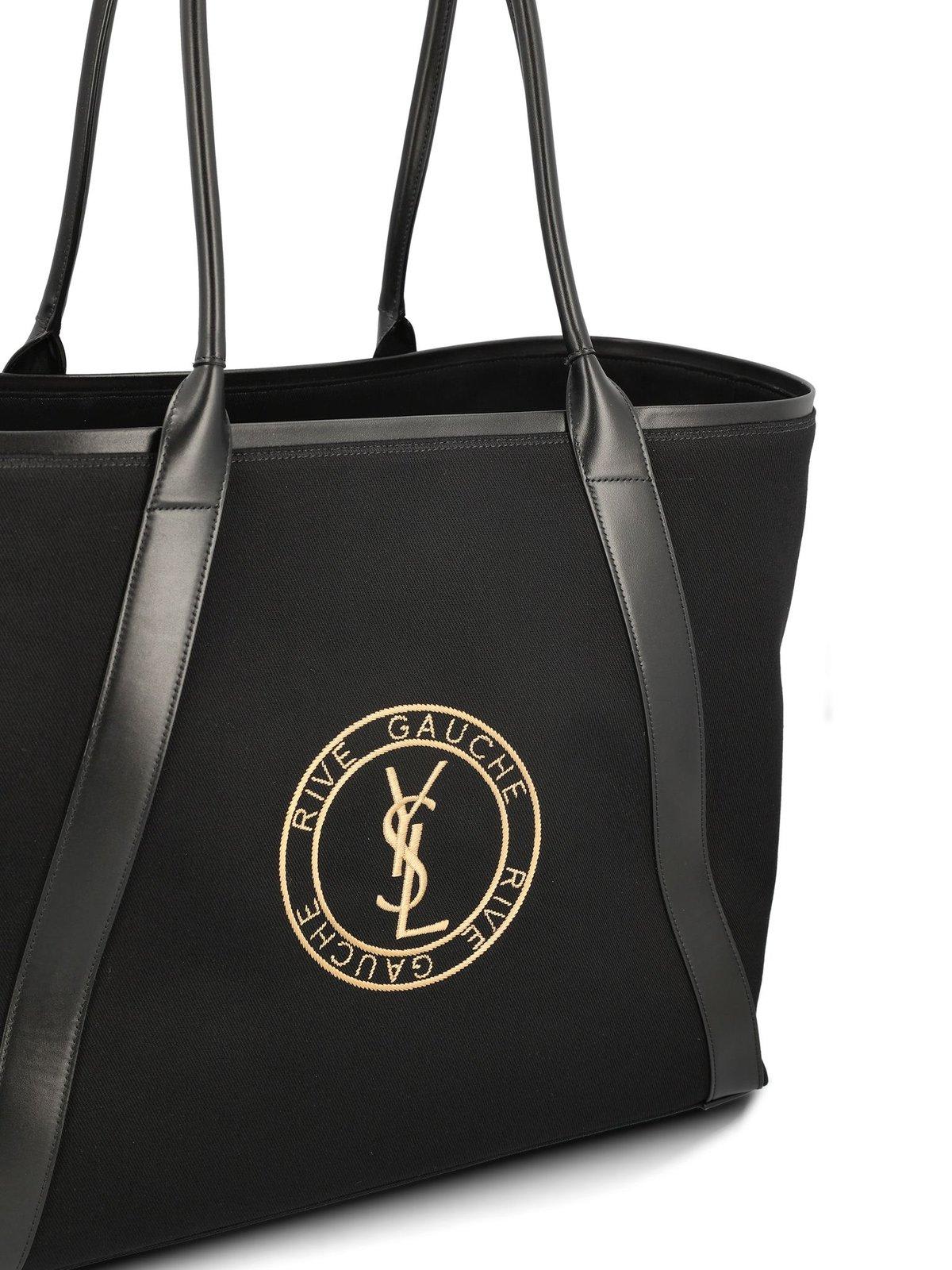 Shop Saint Laurent Rive Gauche Logo Embroidered Tote Bag In Nero Beige