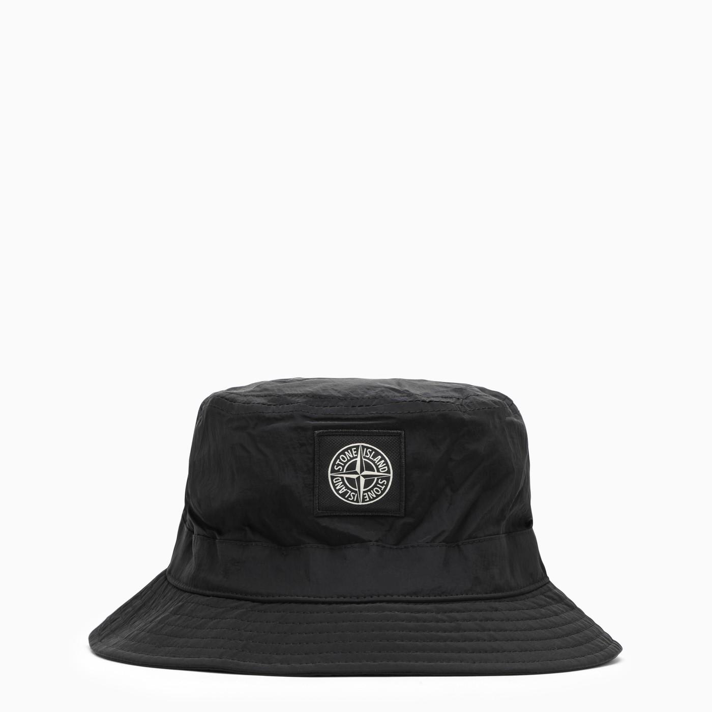 Shop Stone Island Black Bucket Hat In Nylon With Logo In Nero