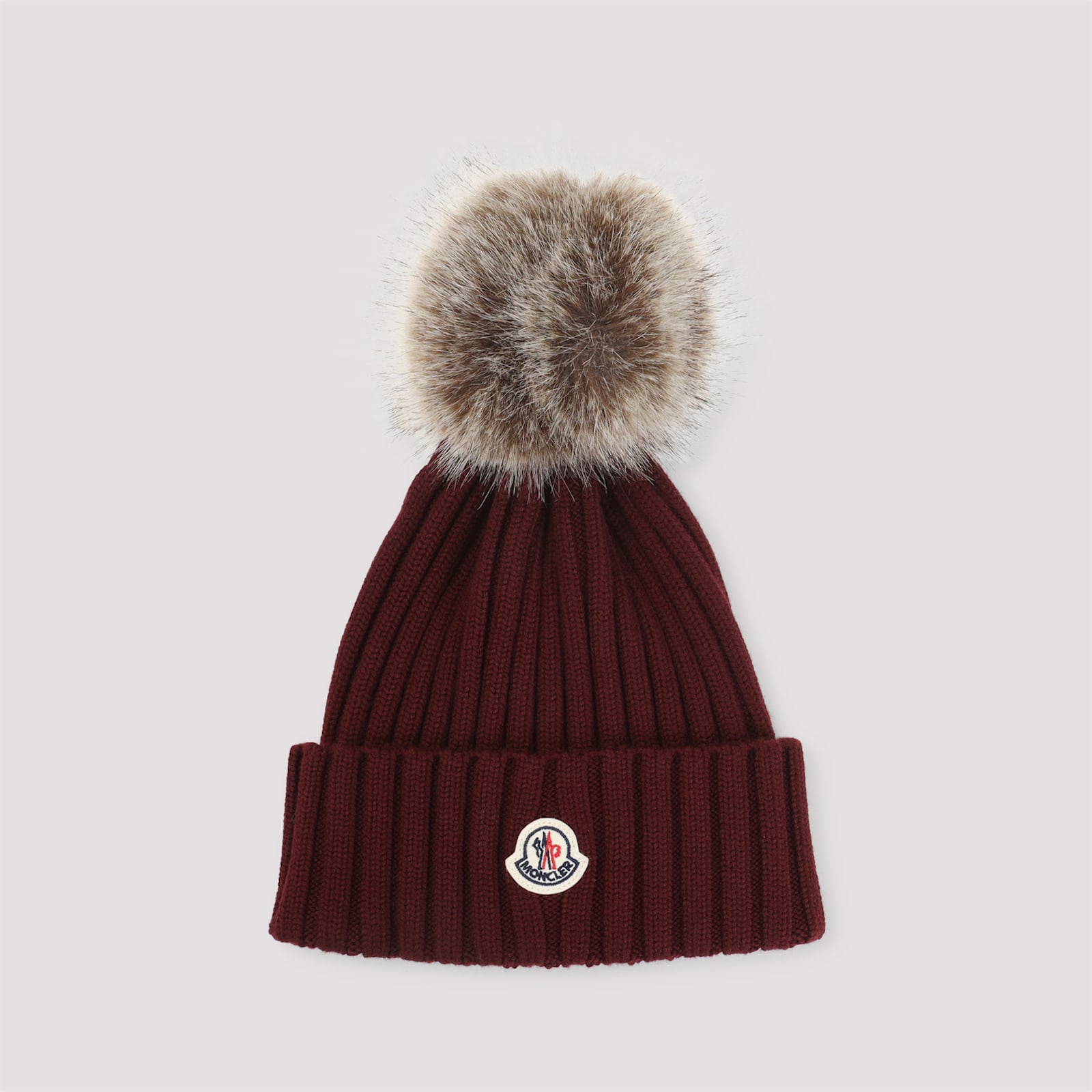 Moncler Ribbed Knit Hat With Fluffy Pom-pom In Red