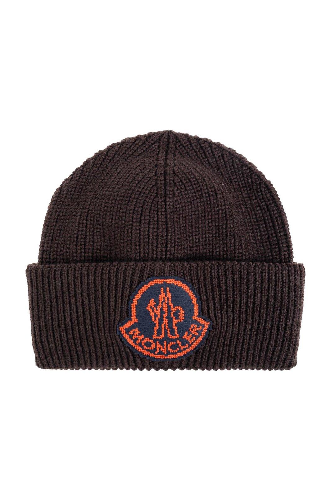 Shop Moncler Logo Patch Ribbed Beanie In Bright Blue