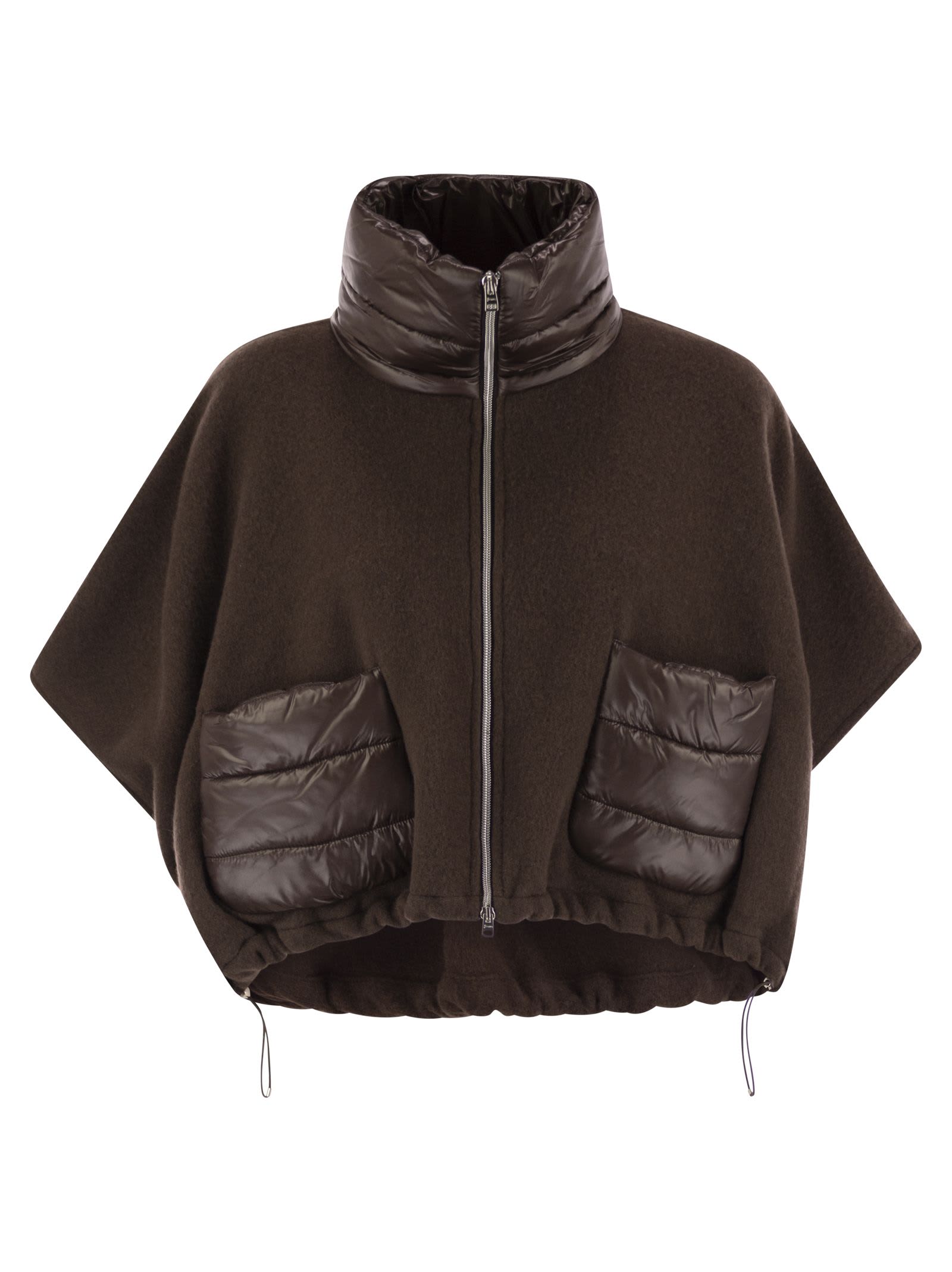 Herno Resort Poncho In Wool And Cashemre With Ultralight Nylon Details In Brown