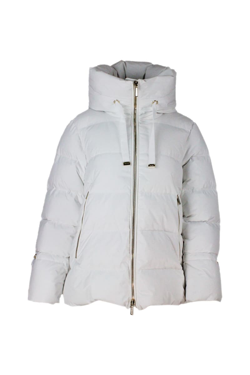 Moorer Quilted Down Jacket In Real Goose Down With Hood With Trapezium Line. Technical Silk Fabric