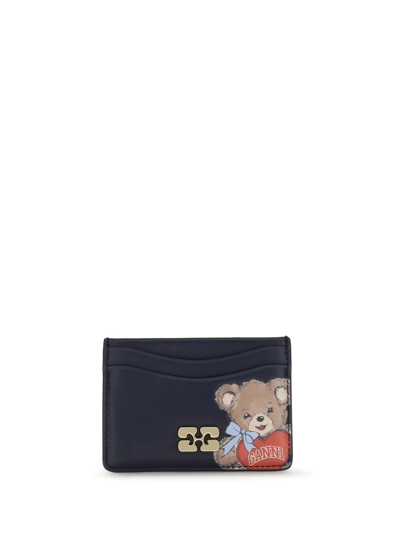 Ganni Women Bear Cards Holder With Logo In Blue