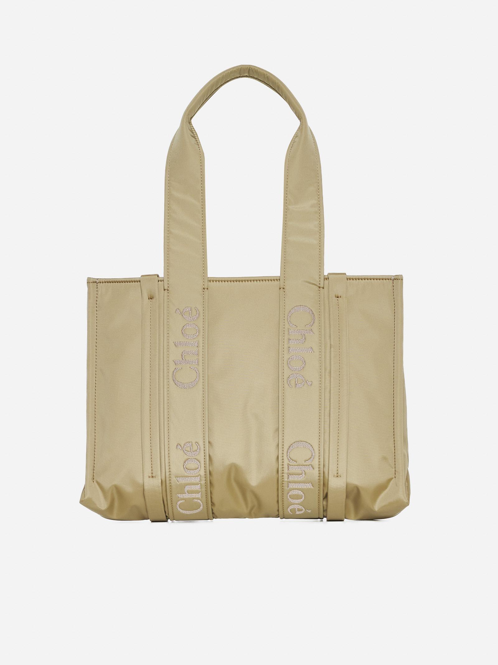Shop Chloé Woody Medium Leather Nylon Bag In Verde