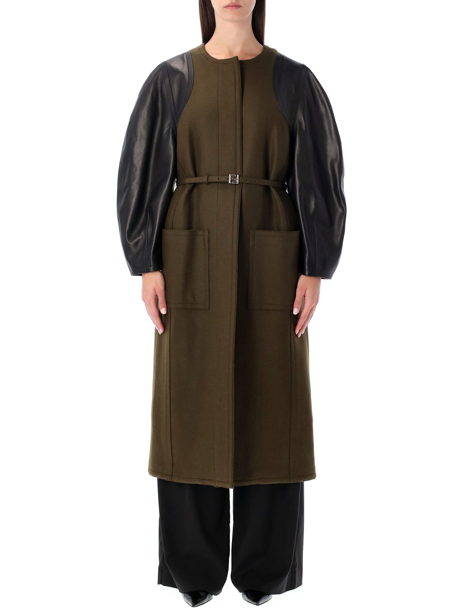Fendi Green Wool Midi Coat With Leather Sleeves In Green