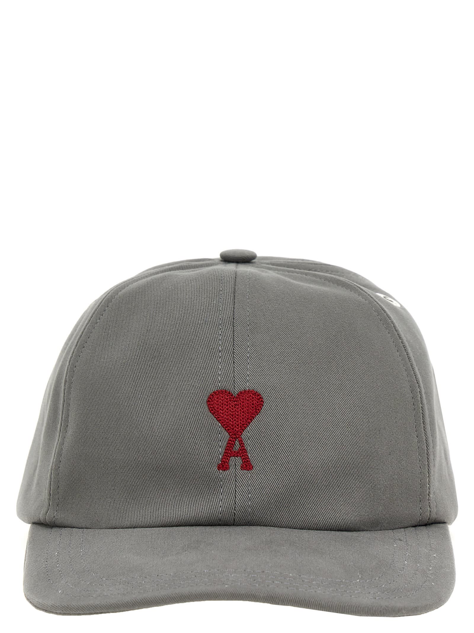 Ami Alexandre Mattiussi Ami De Caur Red Embroidery Cap In Gray
