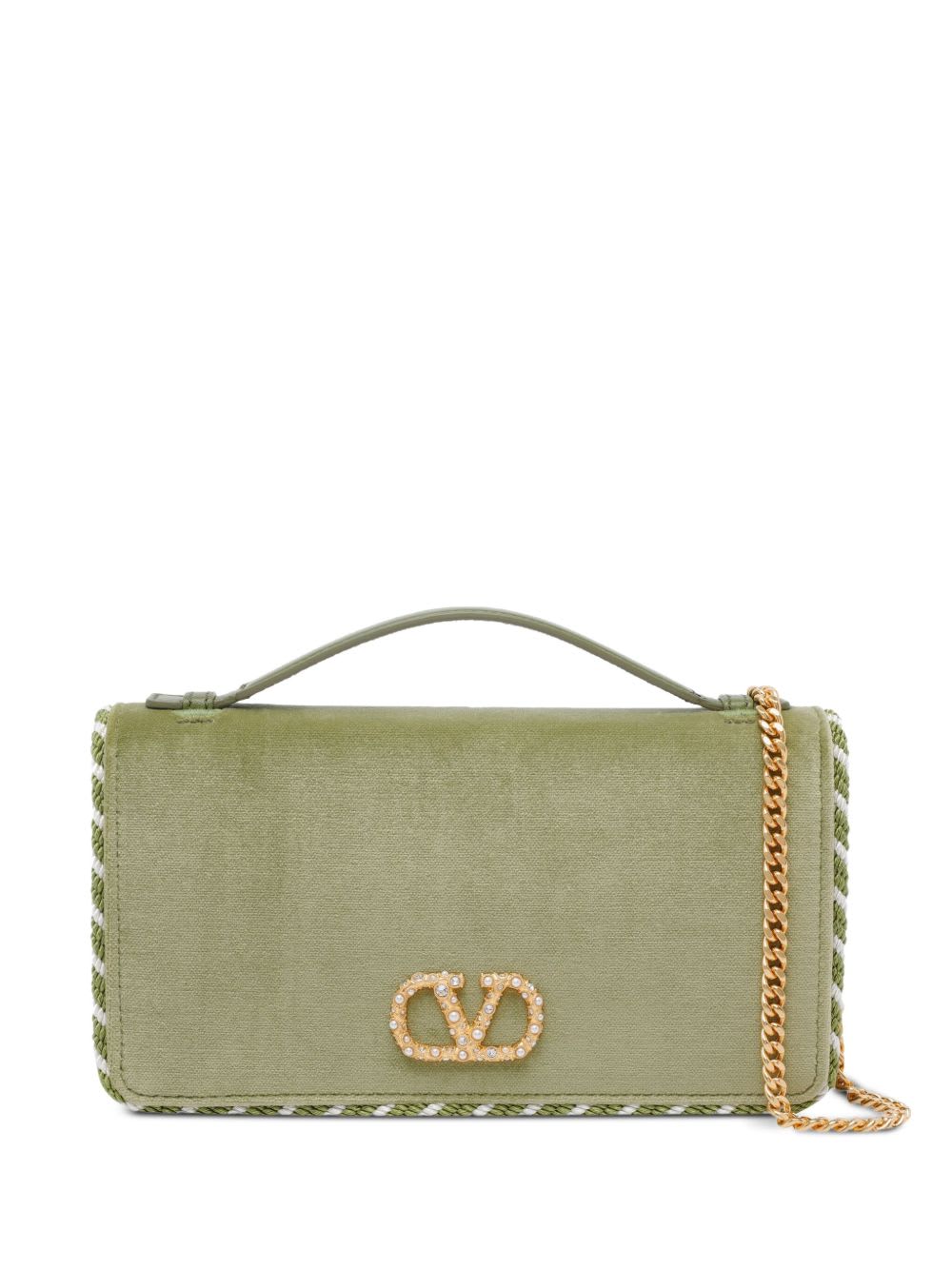 Valentino Garavani Vlogo Signature Velvet Wallet On Chain In Green