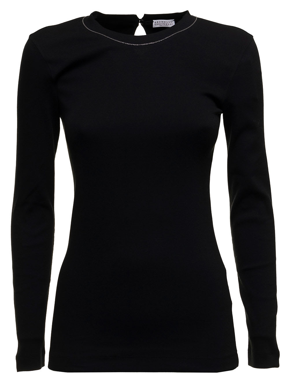 Womans Long-sleeved Black Cotton T-shirt With Monile Crew Neck