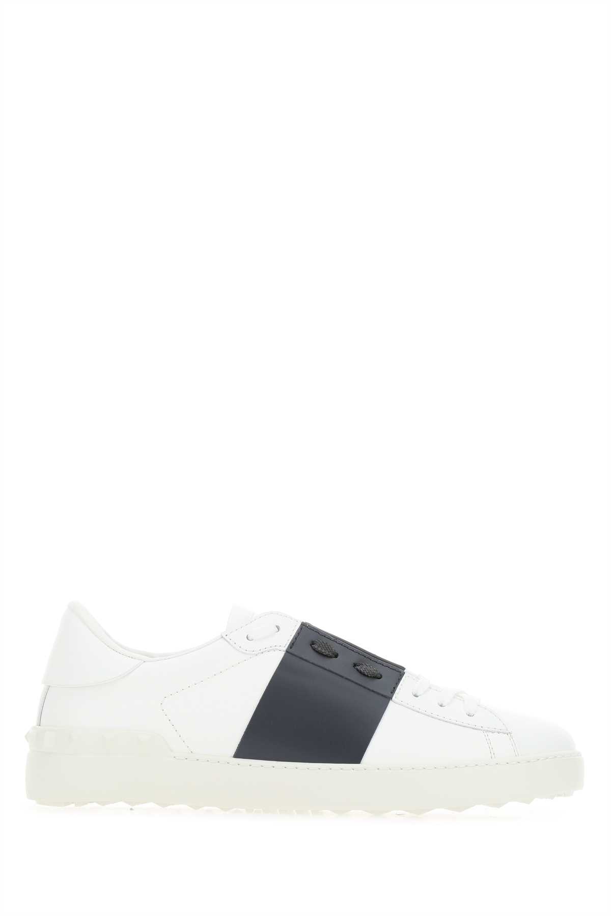 White Leather Open Sneakers With Navy Blue Band