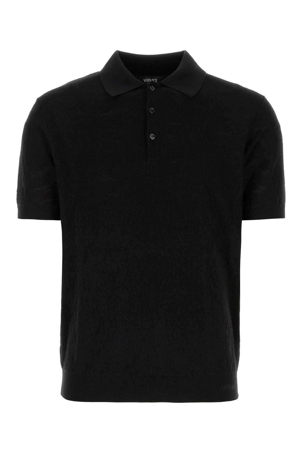 Shop Versace Black Silk Blend Polo Shirt In Nero