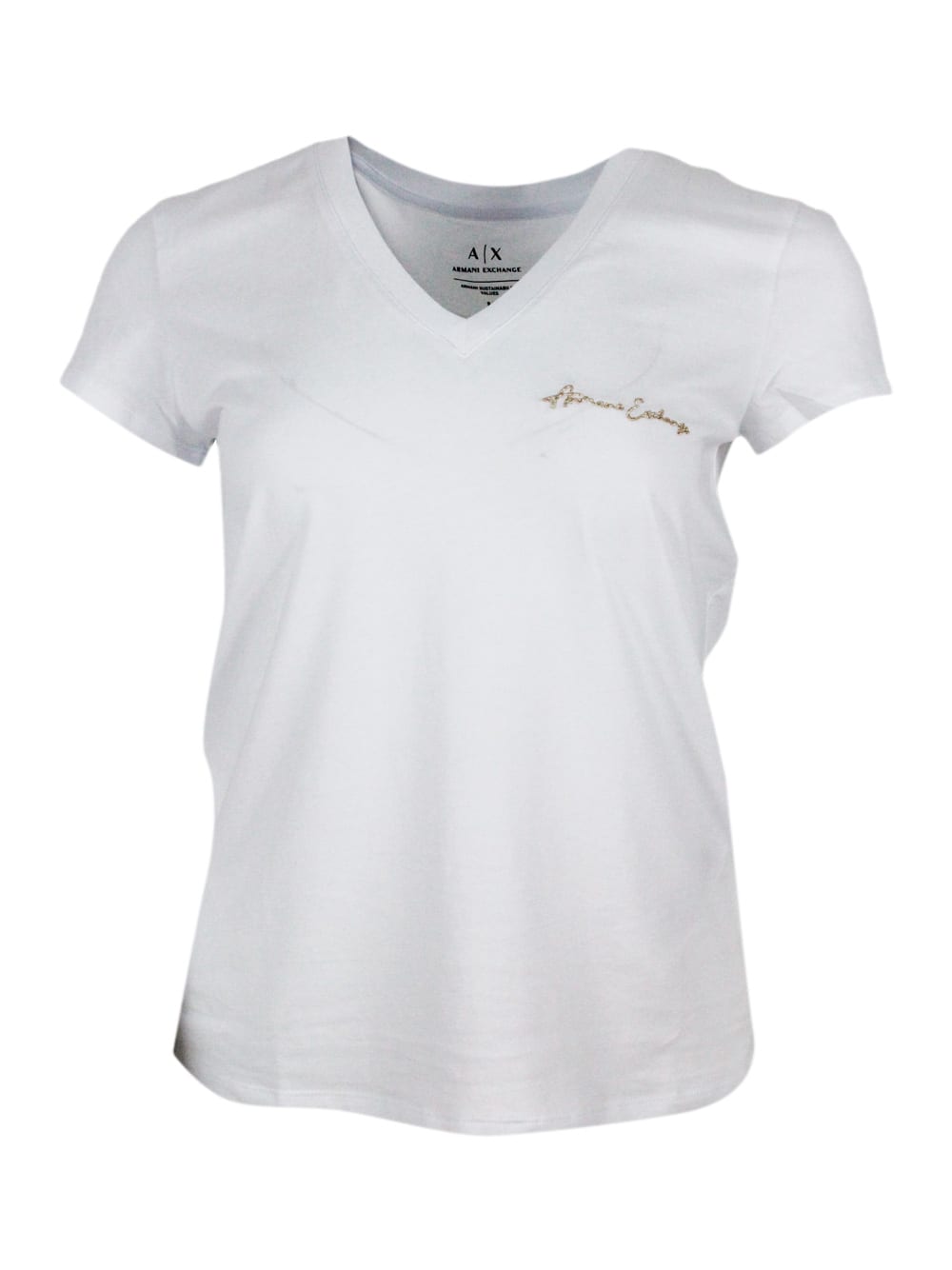 Armani Collezioni Short Sleeve V-neck T-shirt With Logo On The Chest In White
