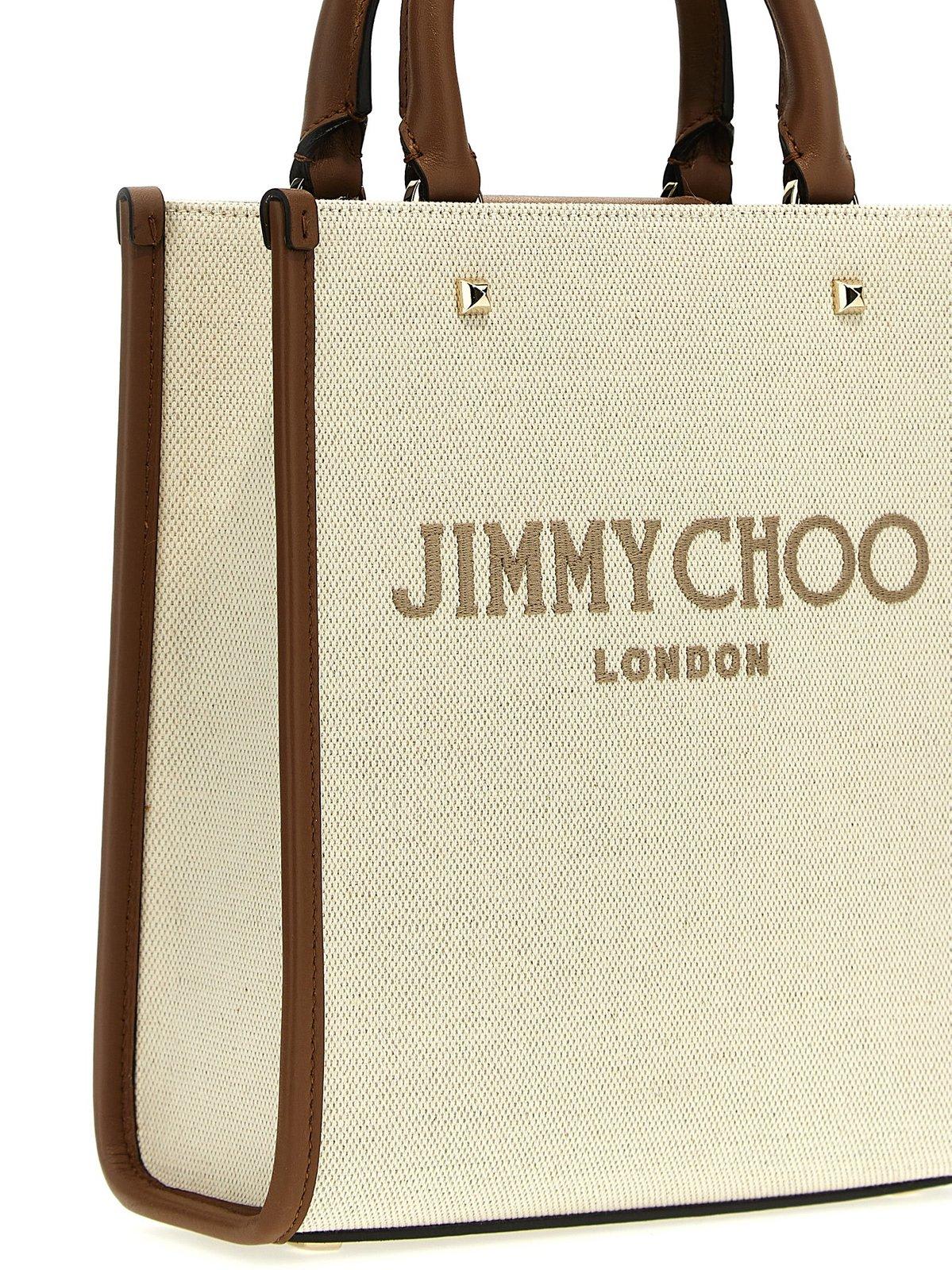 Shop Jimmy Choo Avenue Logo Embroidered Mini Tote Bag In Beige