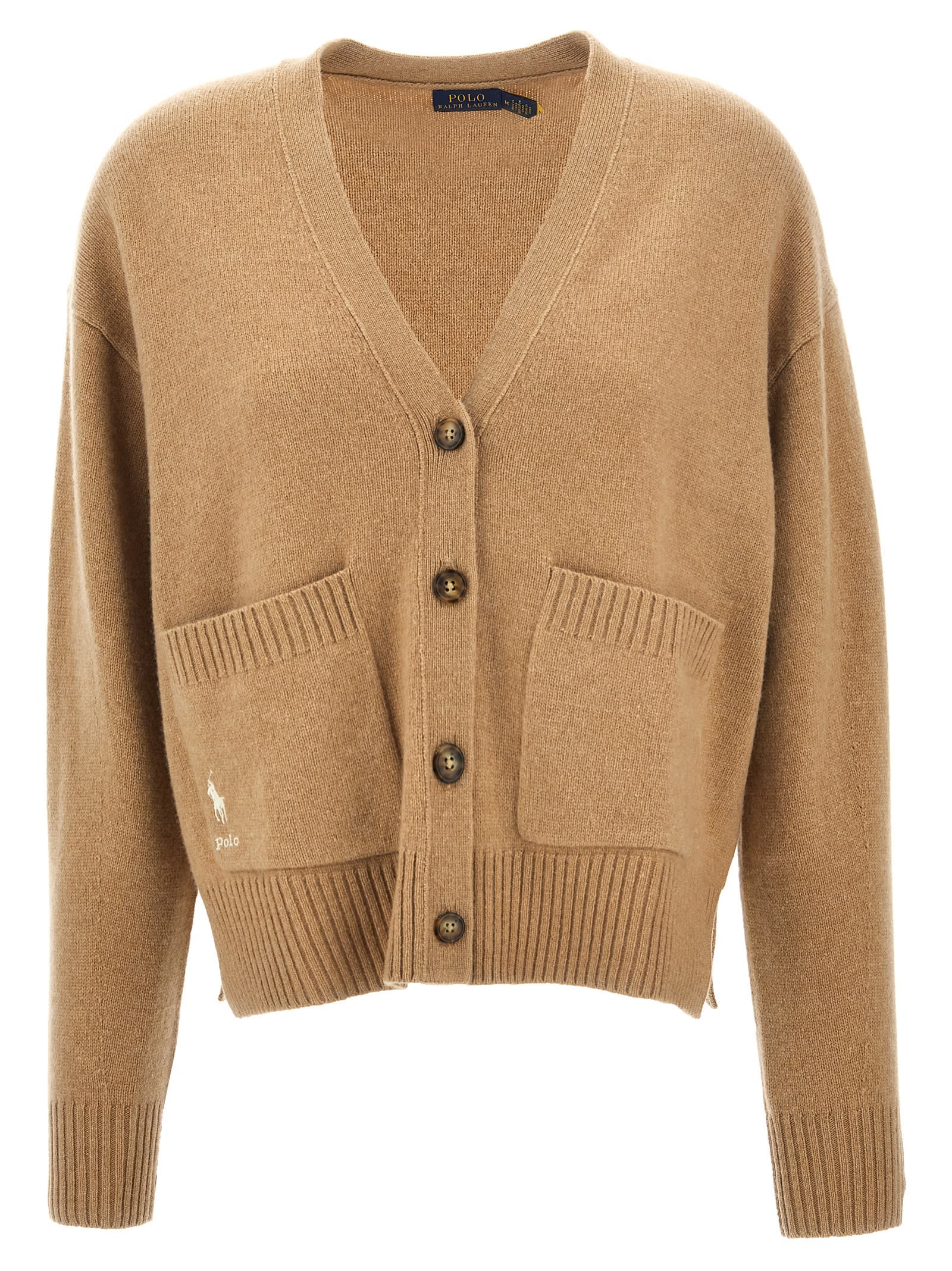 Shop Polo Ralph Lauren Logo Embroidery Cardigan  In Camel