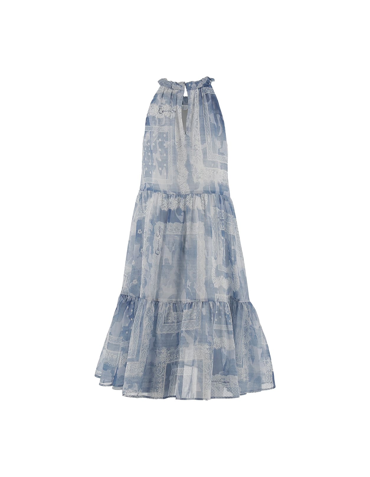 Shop Ermanno Scervino Junior Cotton And Silk Voile Sleeveless Dress With Lace In Blue