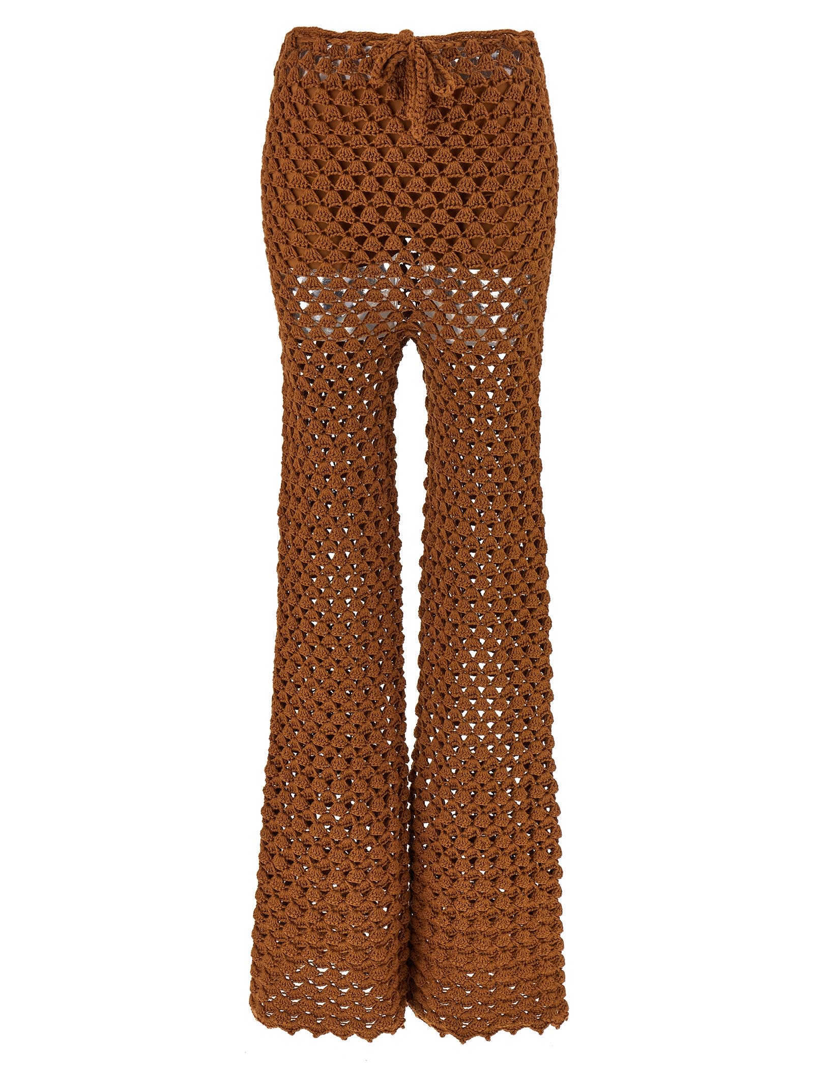 Ermanno Scervino Flared Leg Sheer Crochet Trousers In Brown