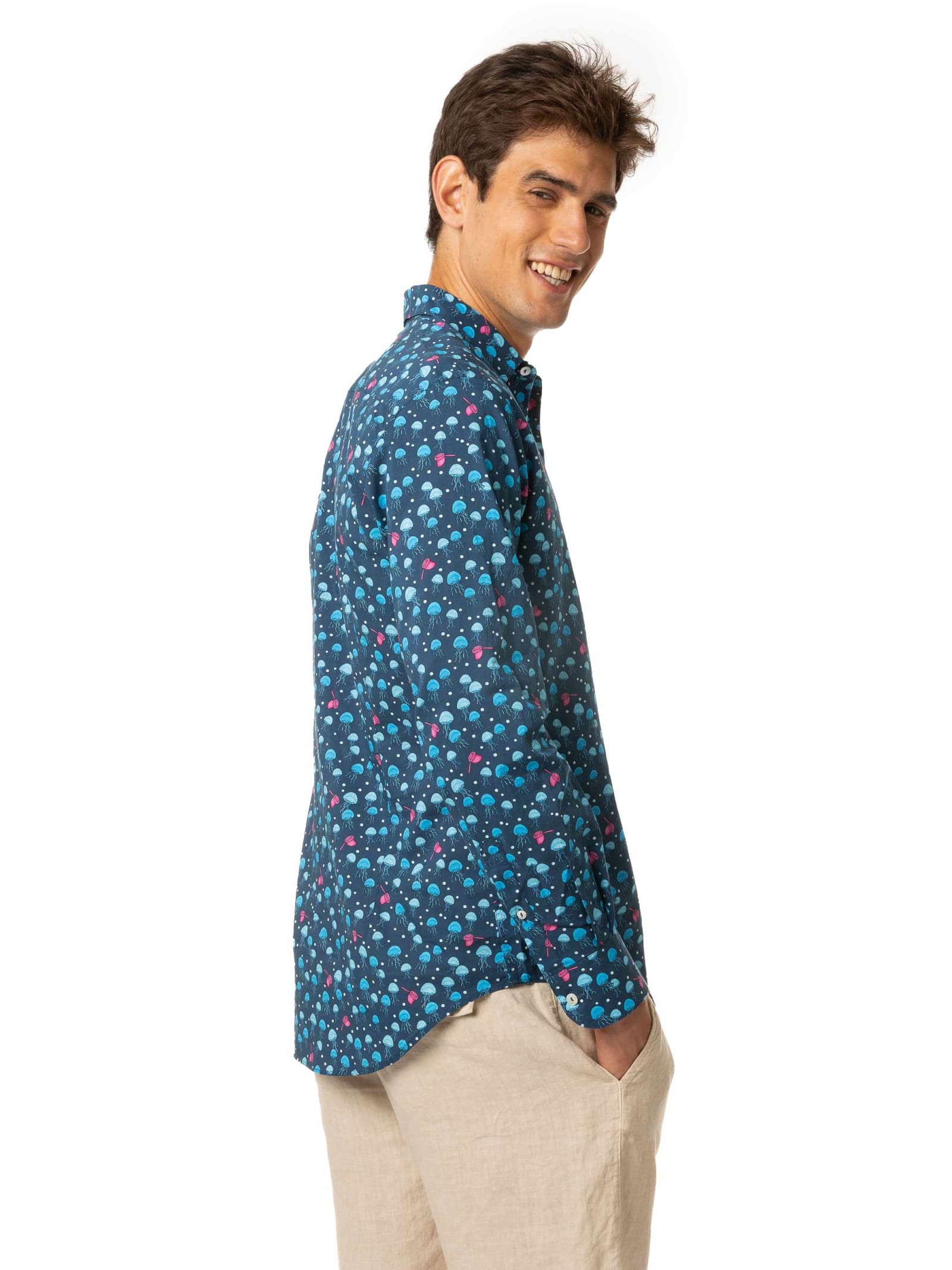 Mc2 Saint Barth Man Cotton Shirt With Jellyfish Print In Blue