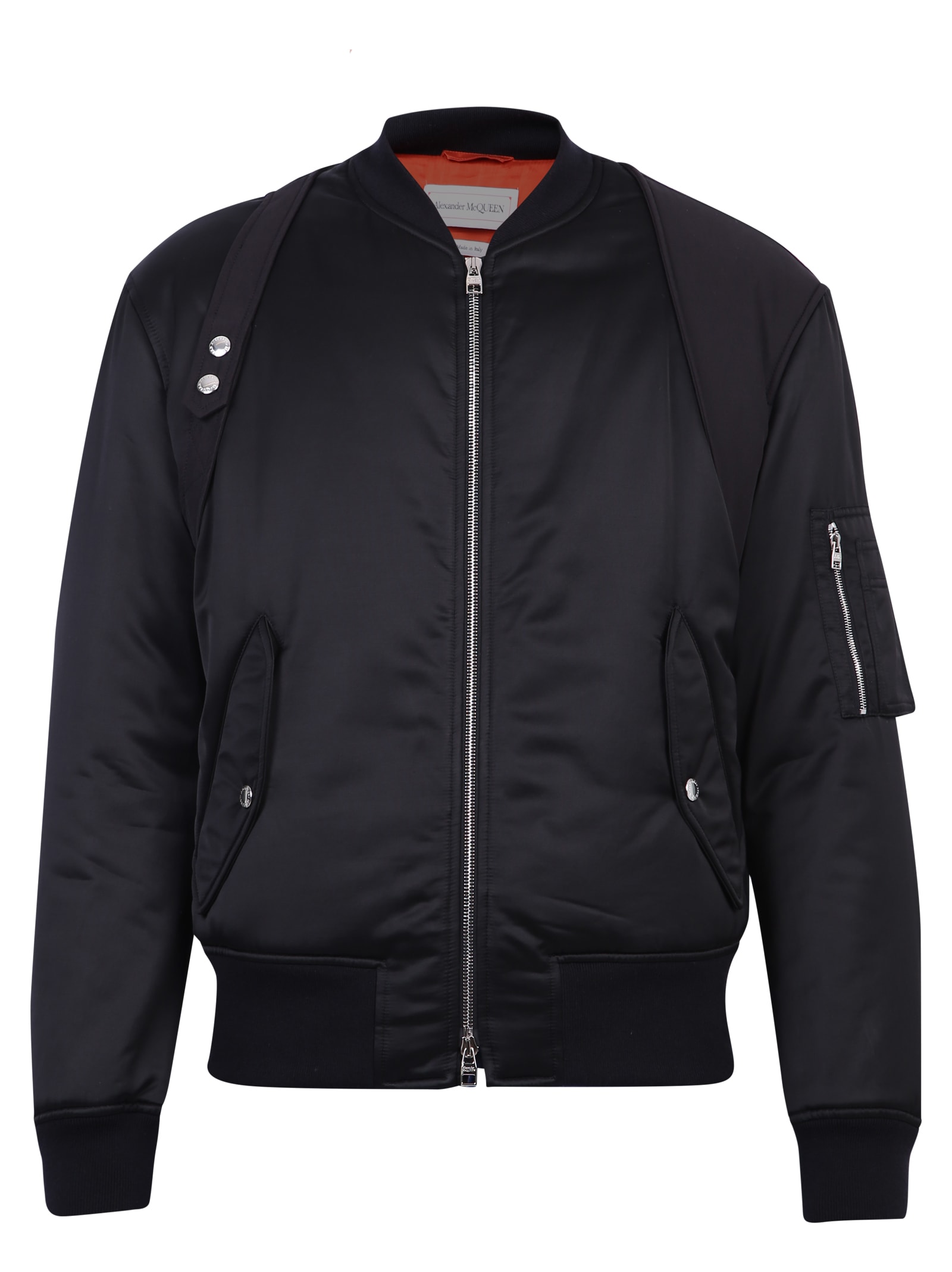 Alexander Mcqueen Black Light Satin Harness Bomber Jacket In Nero