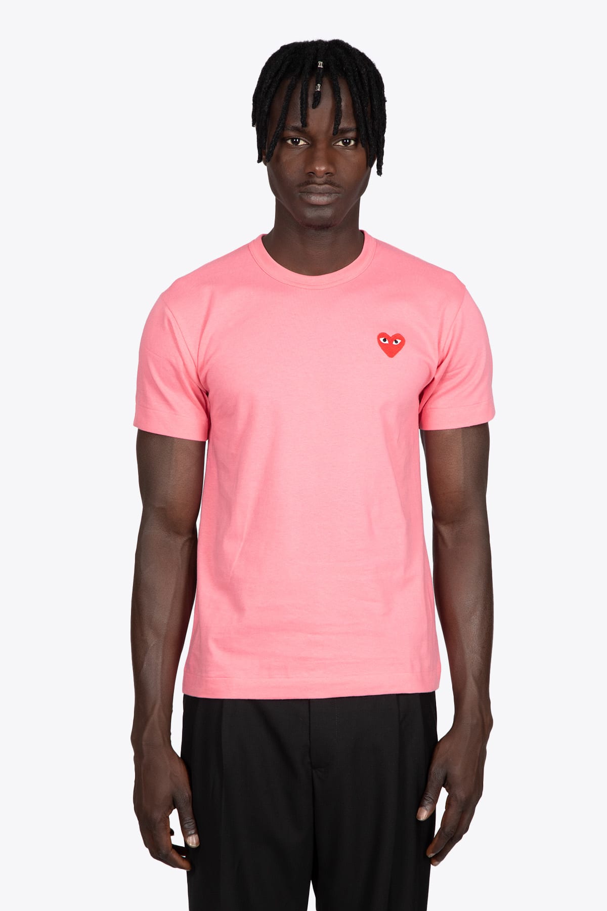 Comme des Garçons Play Mens T-shirt Pink cotton t-shirt with big heart patch