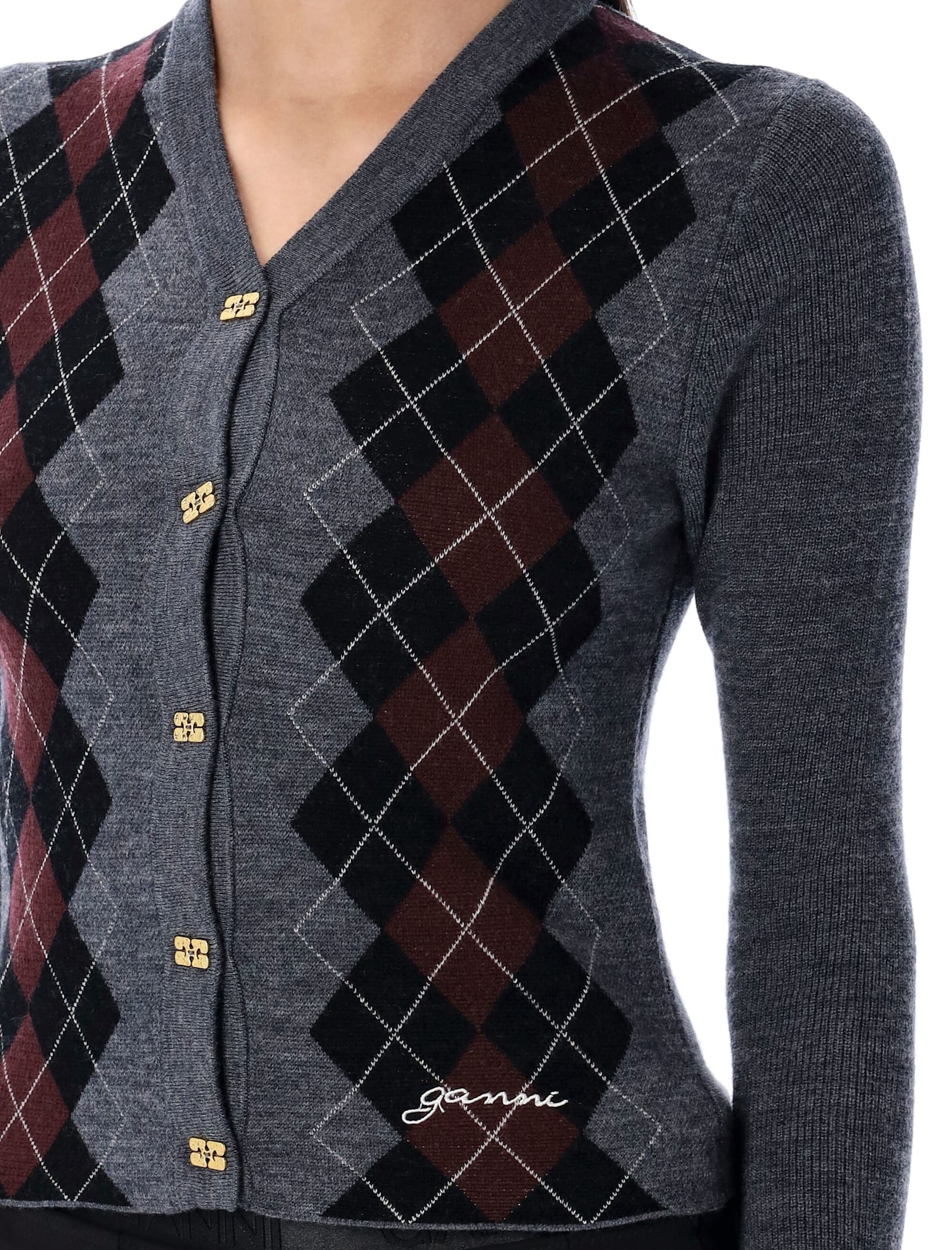 Ganni Grey Sweater With Classic Collar And Check Motif On The Front In Wool Woman