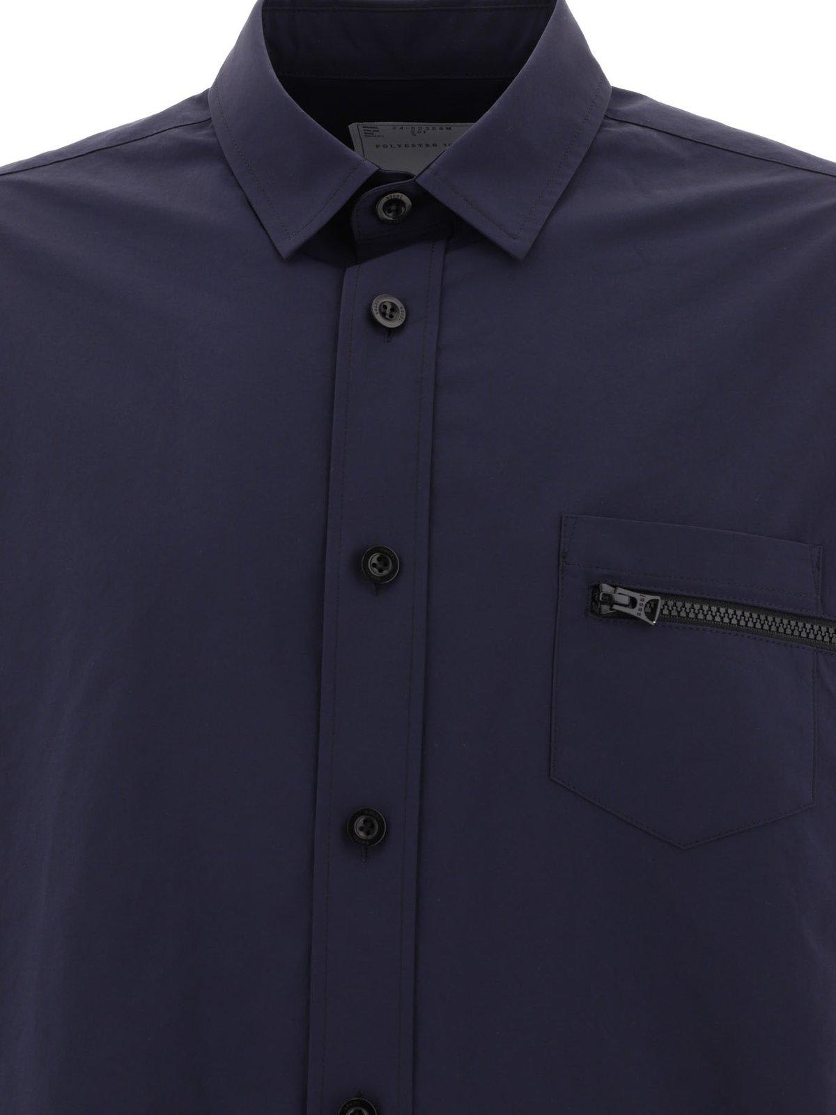 Shop Sacai Zip-pocket Detailed Short Sleeved Buttoned Shirt In Navy
