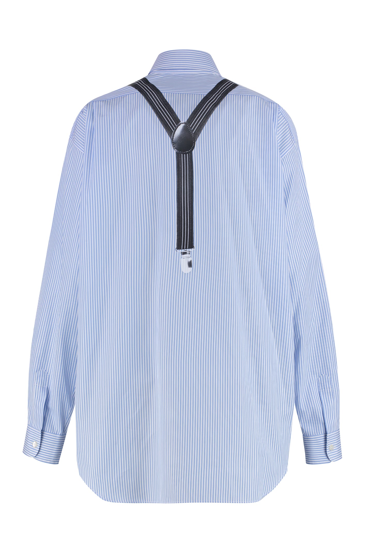 Moschino Couture Light Blue Cotton Striped Shirt With Decorative Straps In Light Blue