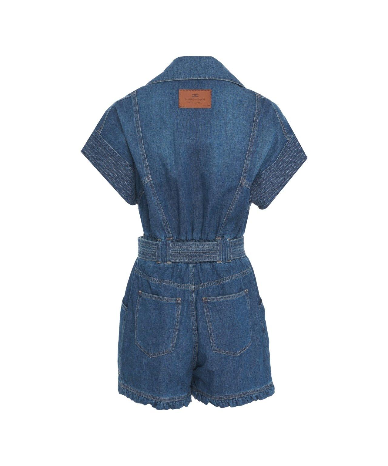 Elisabetta Franchi Belted Denim Romper In Denim/blue