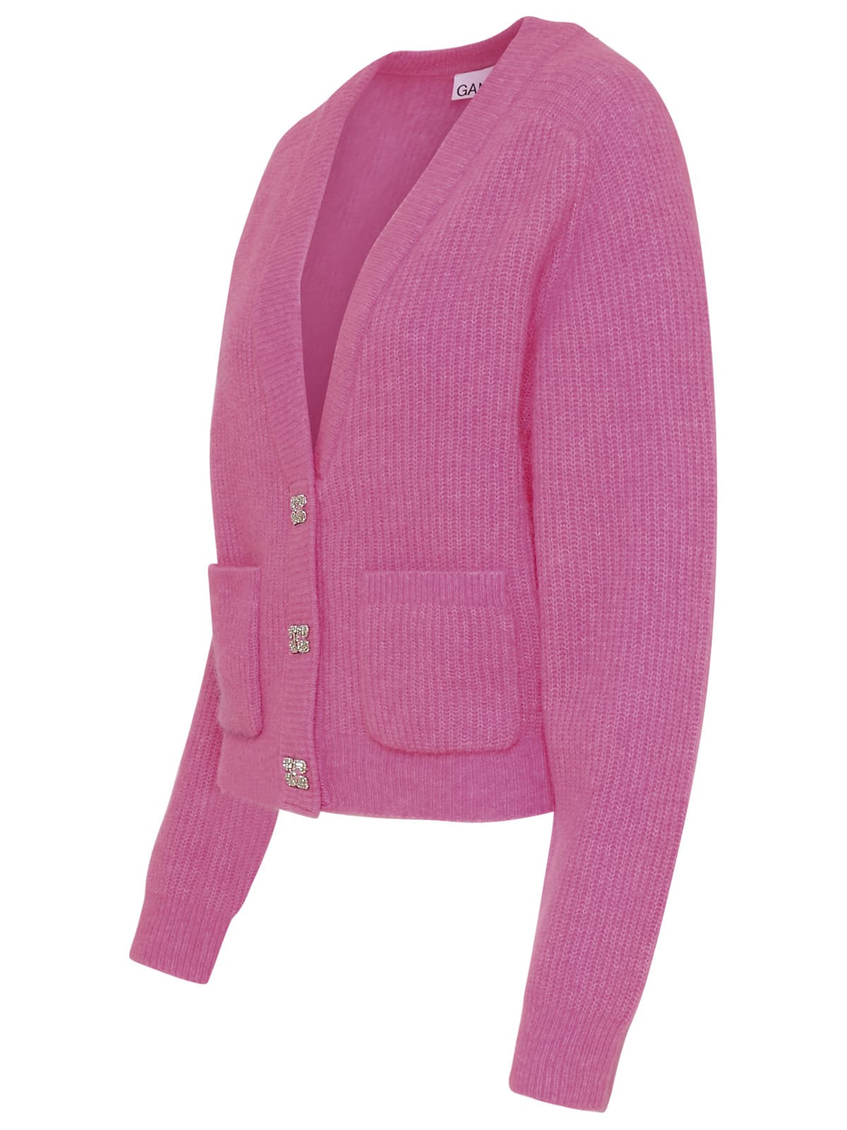 Shop Ganni Pink Merino Wool Blend Cardigan