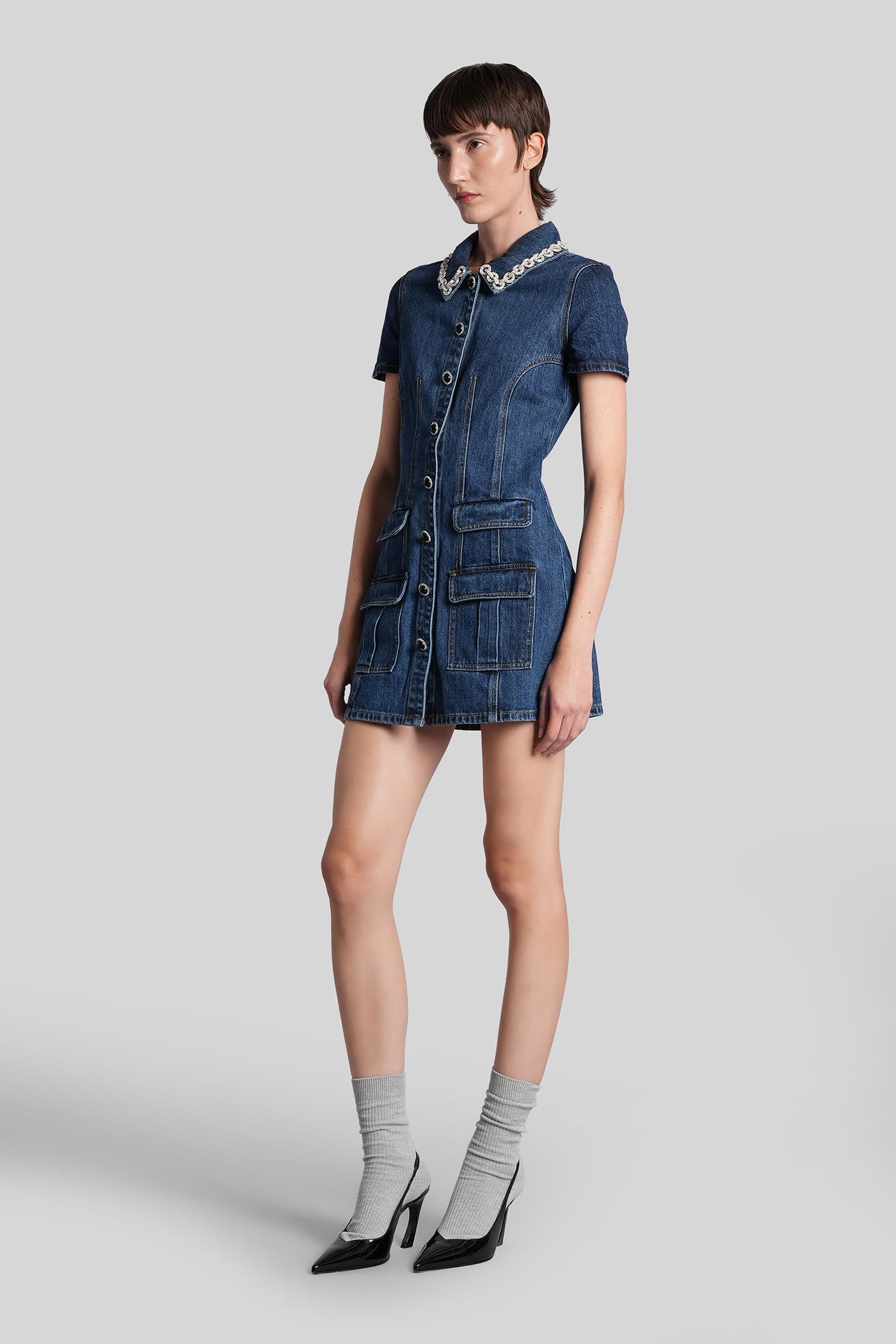 Self-portrait Fitted Denim Dress With Strass-detail Collar In Blue