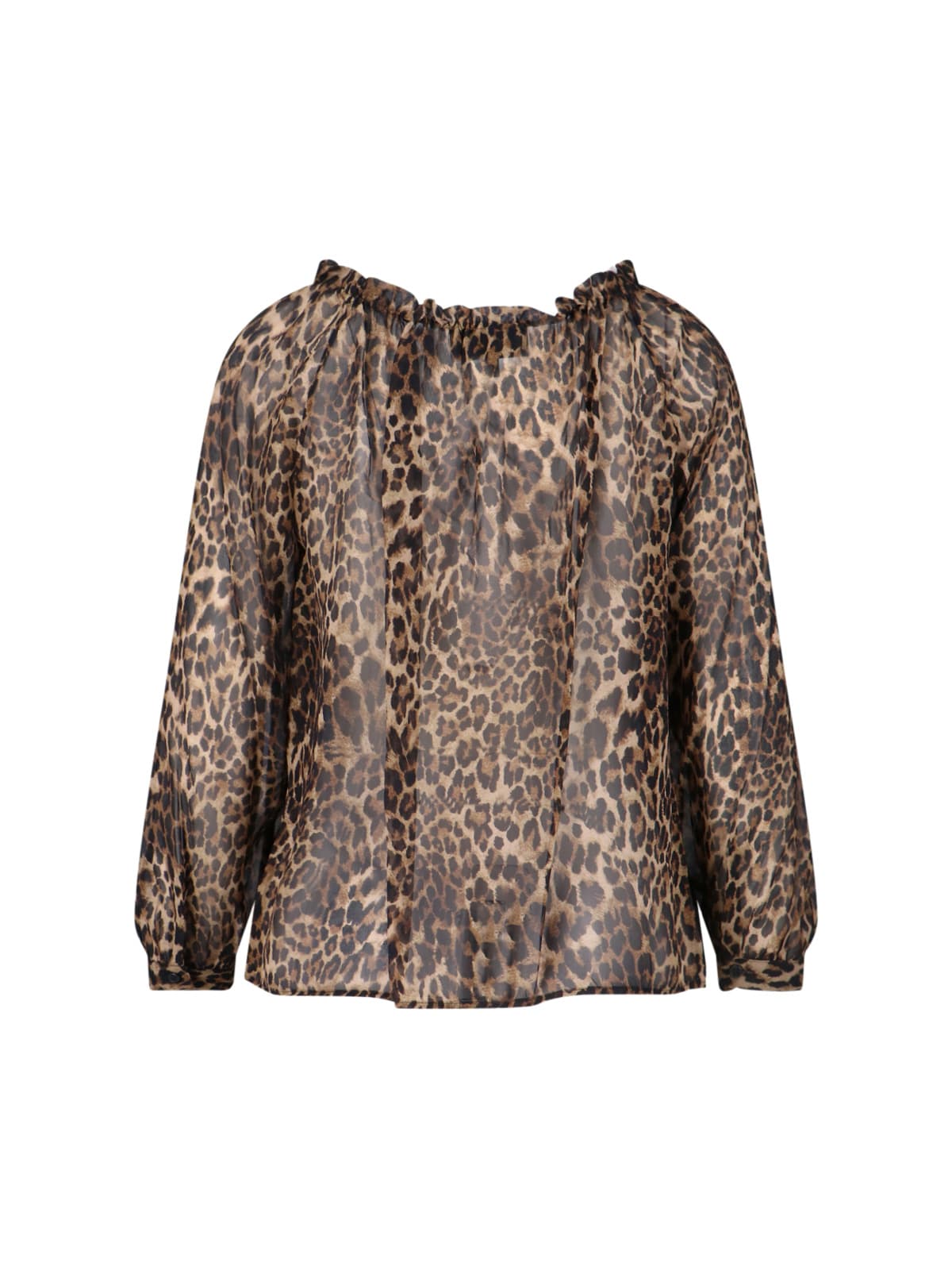 Nili Lotan Long Sleeve Animal Print Top With Ruffles In Black