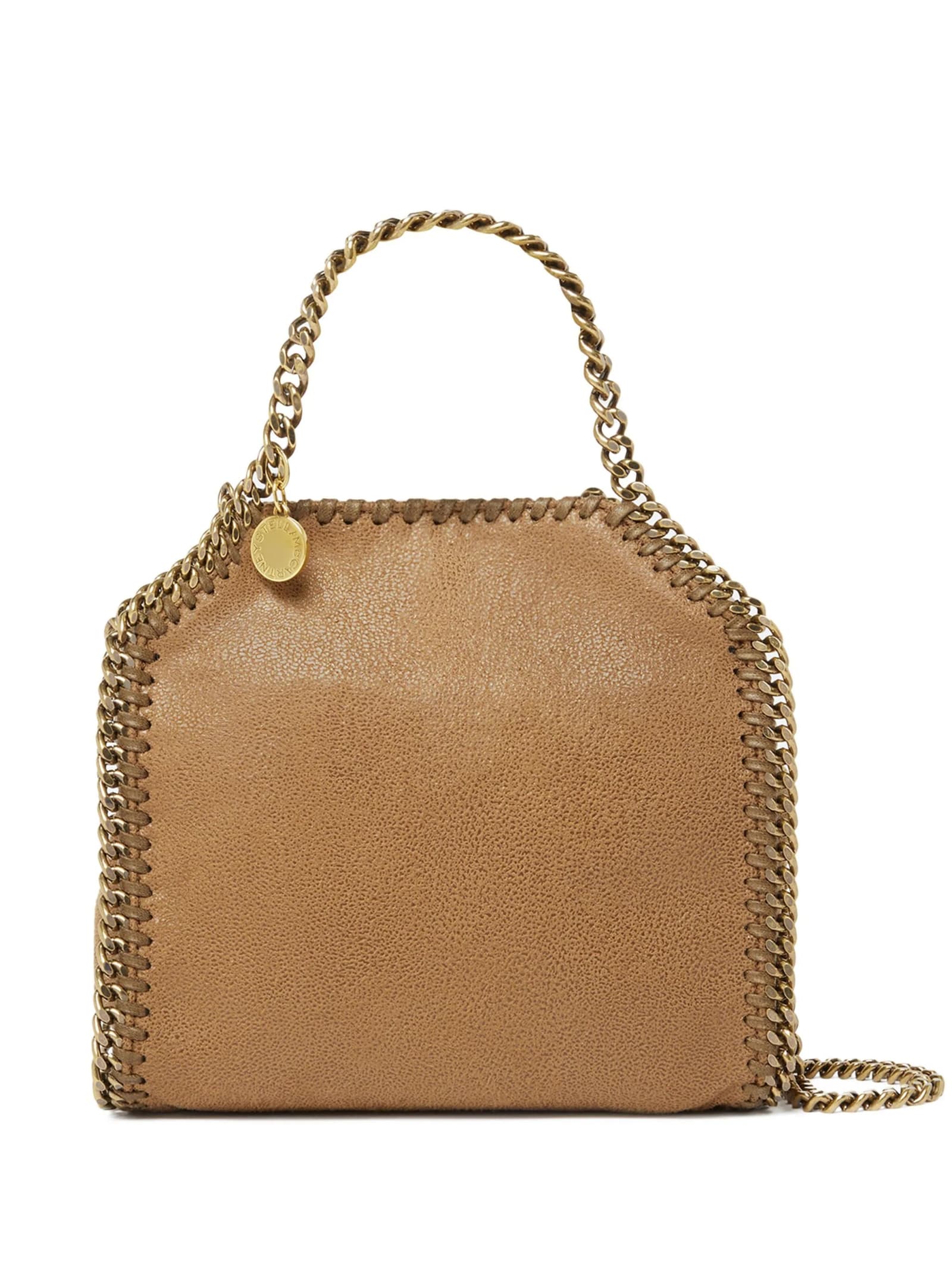 Shop Stella Mccartney Pecan Brown And Gold Falabella Micro Tote Bag