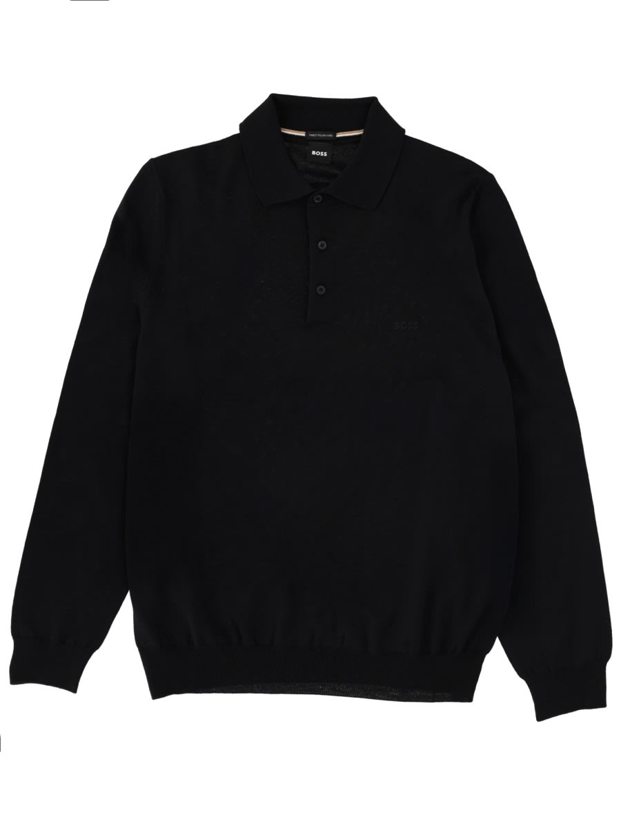 Hugo Boss Polo Collar Knit Sweater With Ribbed Cuffs In Black