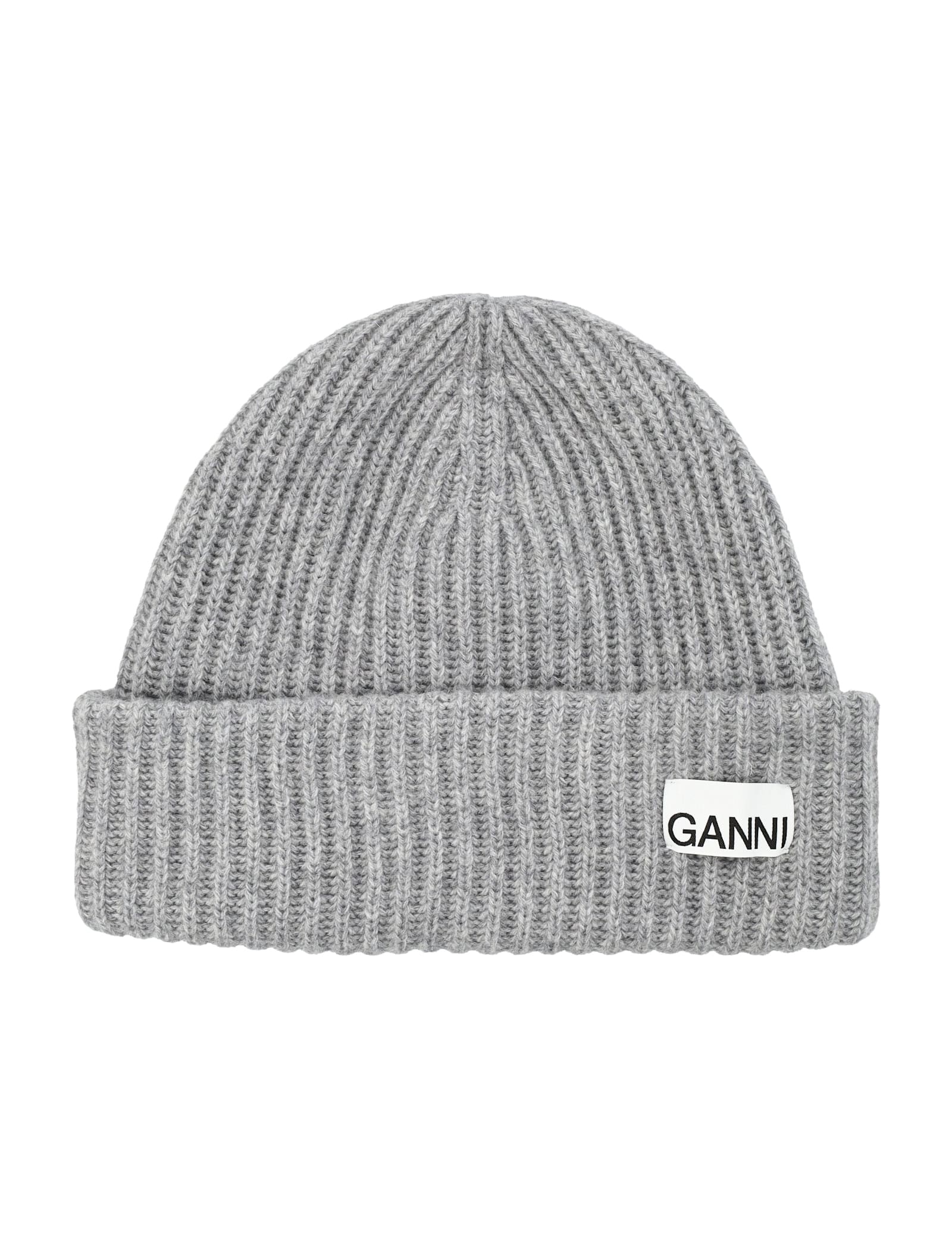 Ganni Ribbed Wool Logo Beanie In Gray