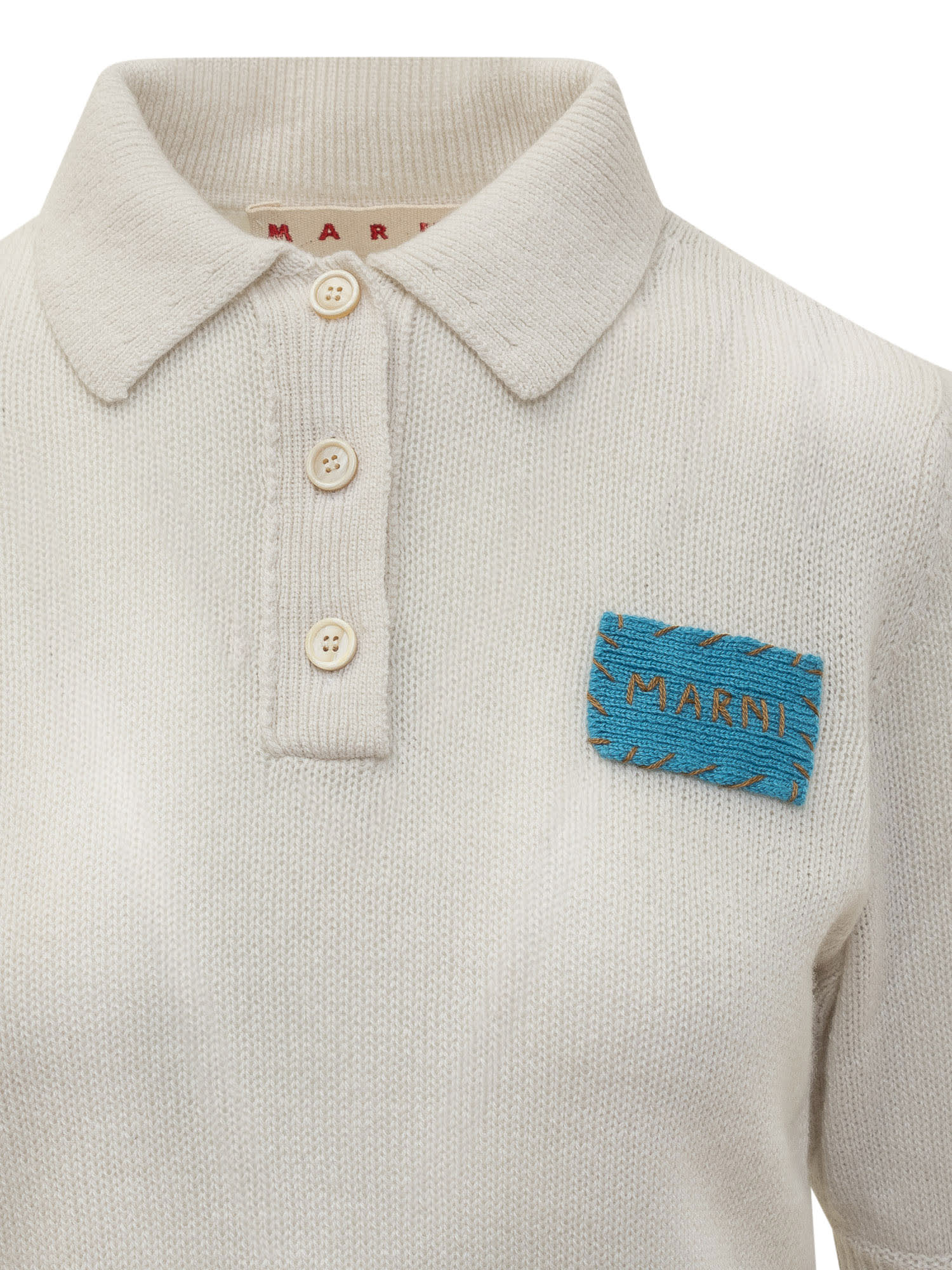 Shop Marni Cashmere Flower Detail Polo In Alabaster