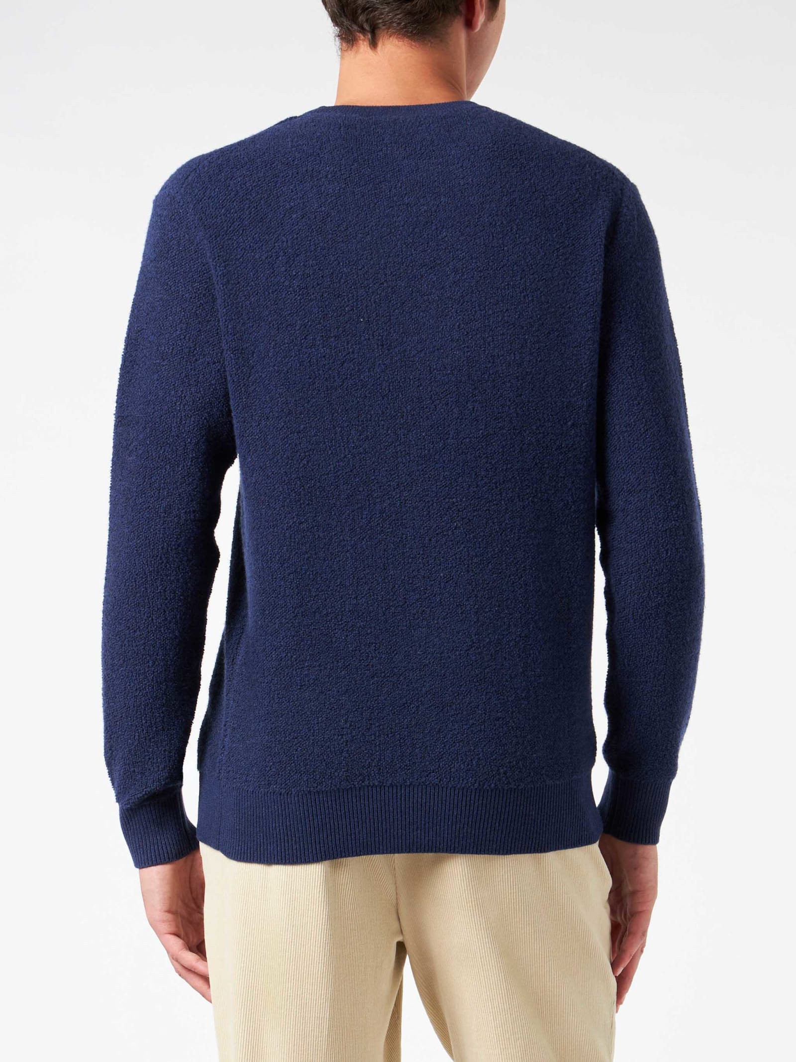 Mc2 Saint Barth Man Crewneck Bluette Bouclé Sweater With Saint Barth Padel Club Embroidery In Blue